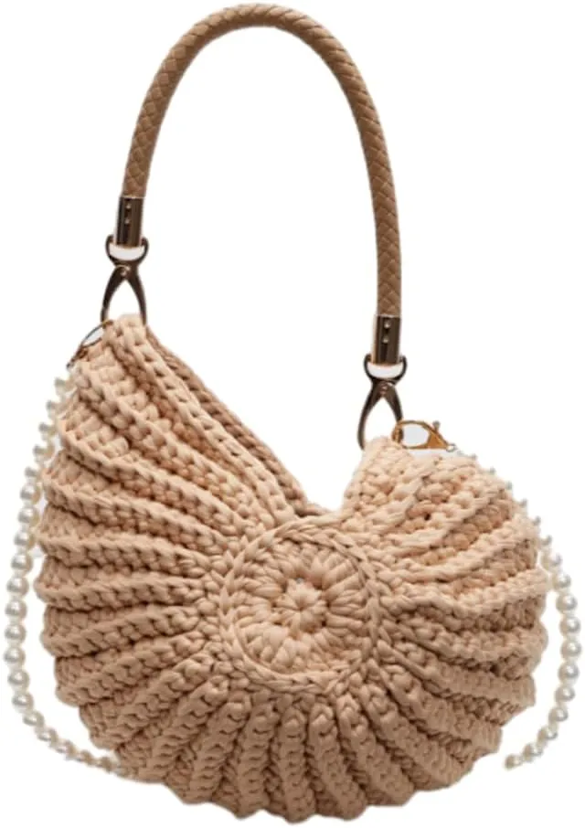 Handwoven Seashell Bag for Women Crochet Beach Bag Boho Clutch with Pearl Strap Leather Handle Unique Design 2025