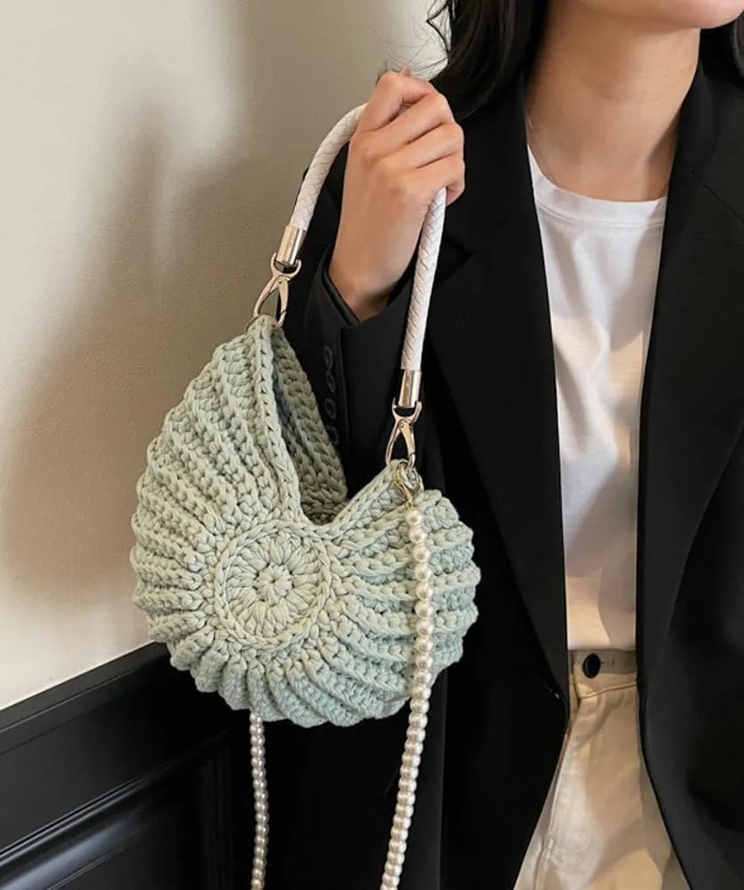 Handwoven Seashell Bag for Women Crochet Beach Bag Boho Clutch with Pearl Strap Leather Handle Unique Design 2025