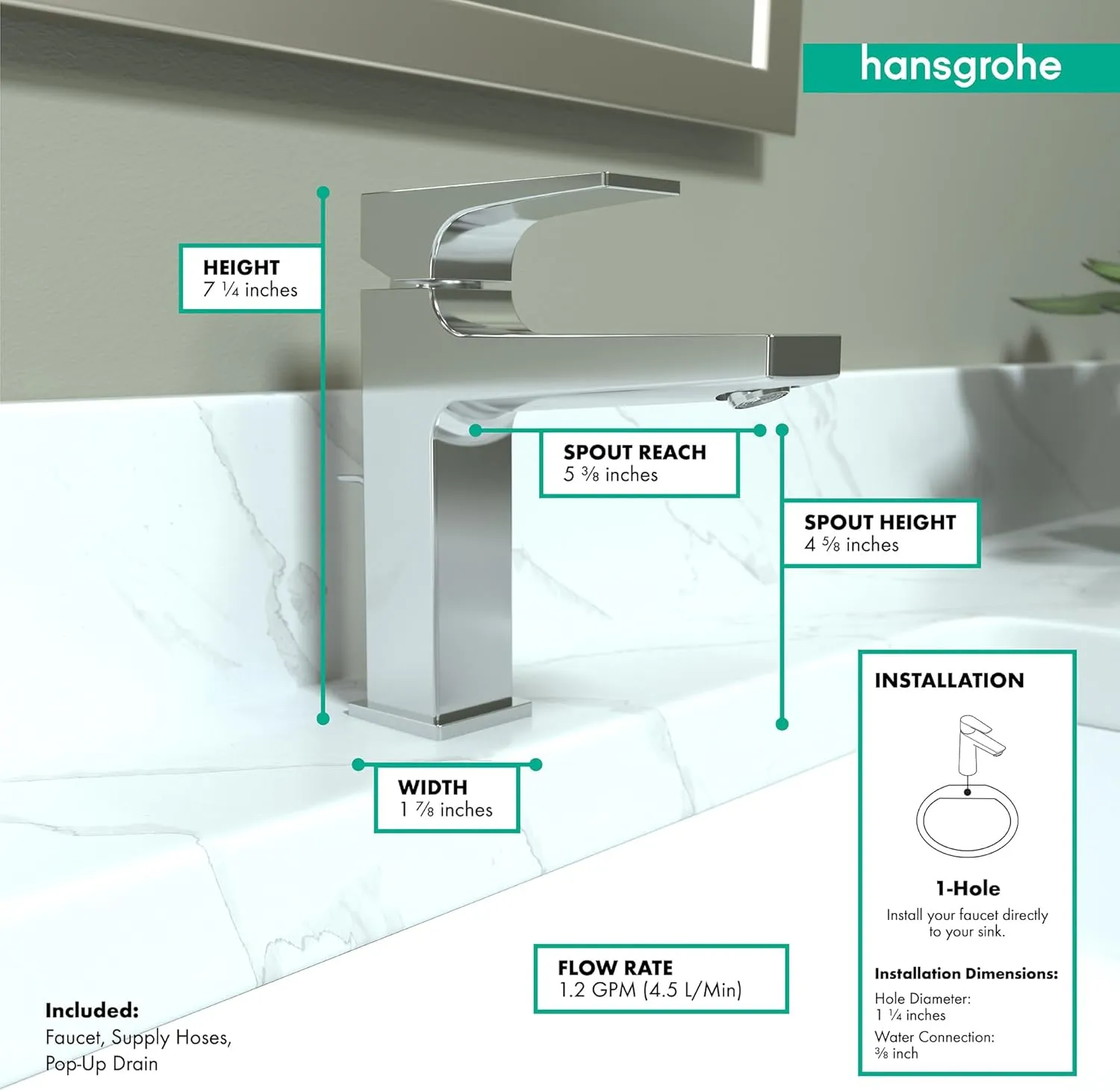 hansgrohe Metropol Modern Low Flow Water Saving 1-Handle 1 7-inch Tall Bathroom Sink Faucet in Chrome, 32506001