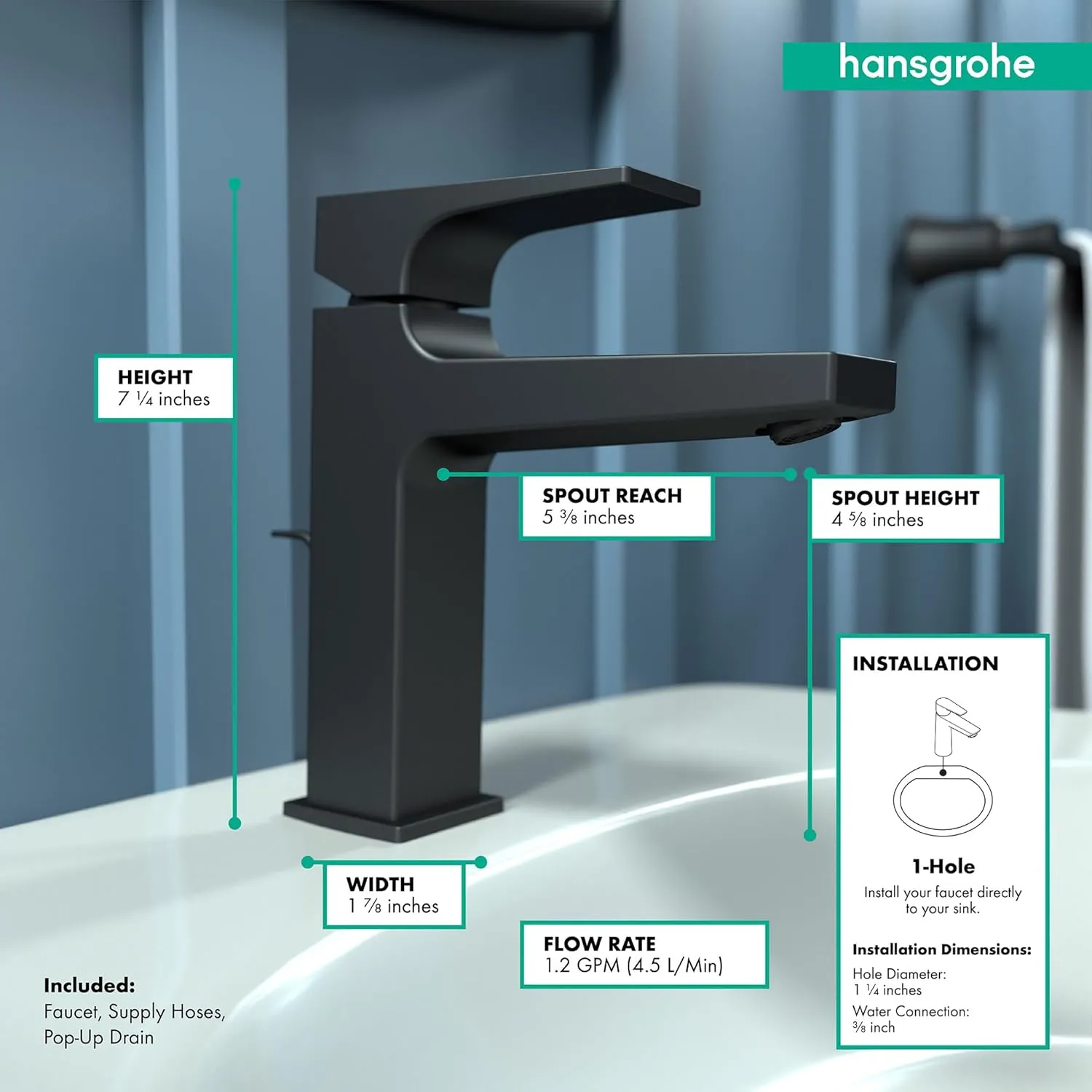 hansgrohe Metropol Modern Low Flow Water Saving 1-Handle 1-Hole 7-inch Tall Sink Matte Black, 32506671 Bathroom Faucet