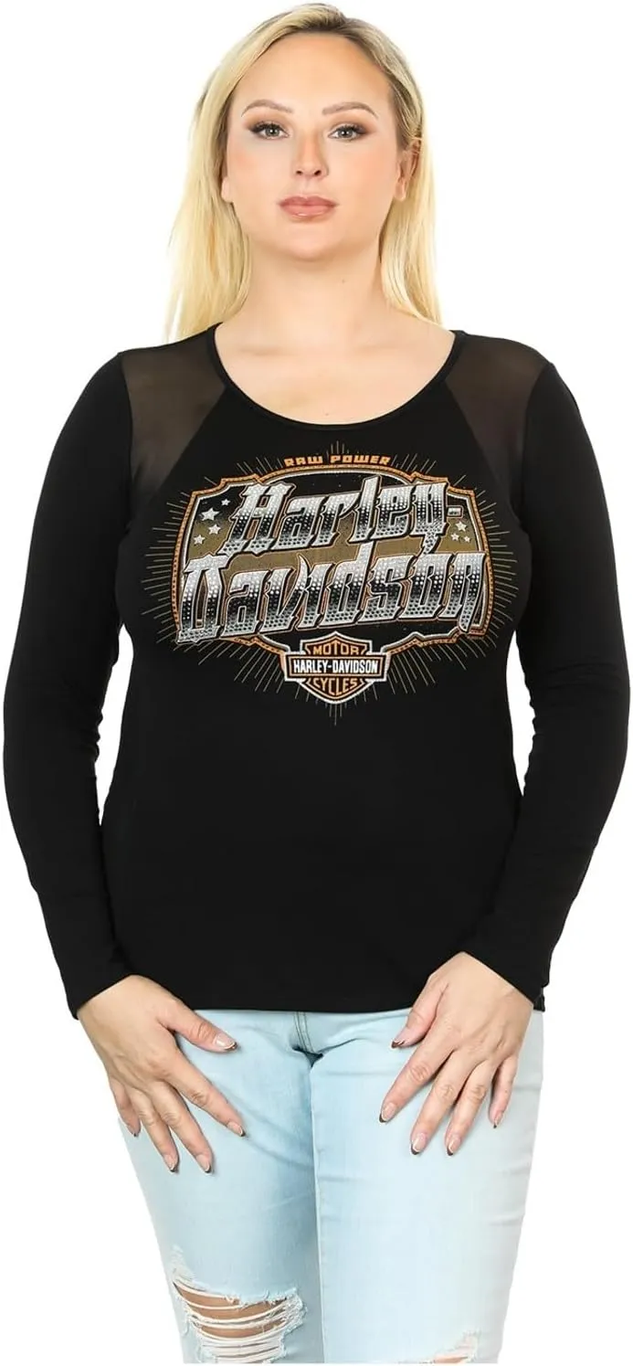 Harley-Davidson Women's Aggressive Logo Mesh Detail Long Sleeve T-Shirt, Black