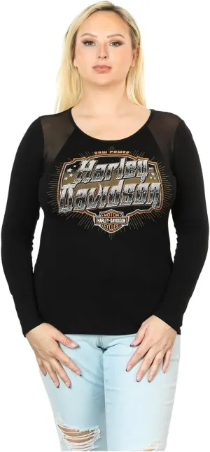 Harley-Davidson Women's Aggressive Logo Mesh Detail Long Sleeve T-Shirt, Black