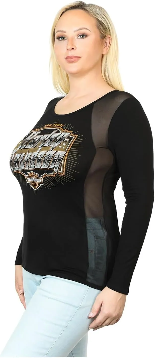 Harley-Davidson Women's Aggressive Logo Mesh Detail Long Sleeve T-Shirt, Black