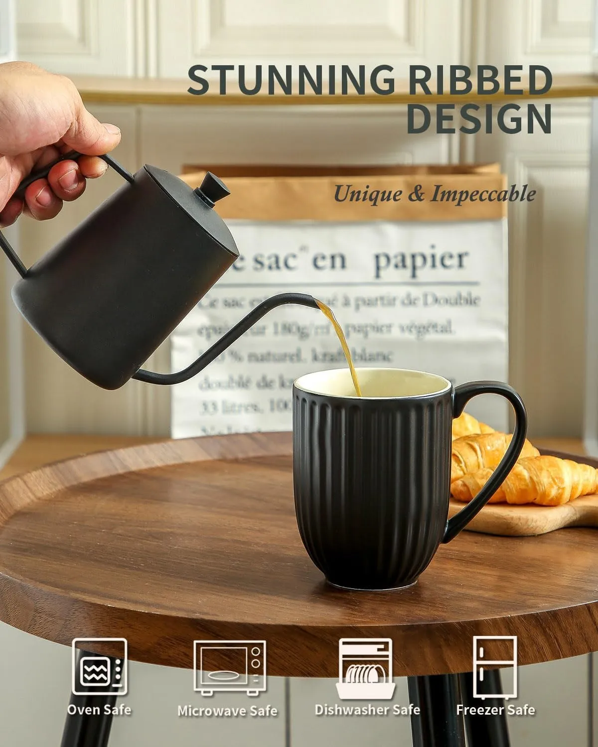 Hasense Ceramic Coffee Mug, 20 Oz Large Coffee Mug with Handle, Porcelain Latte Cup for Coffee, Tea and Cocoa, Modern Ribbed Design, Microwave & Dishwasher Safe, Black