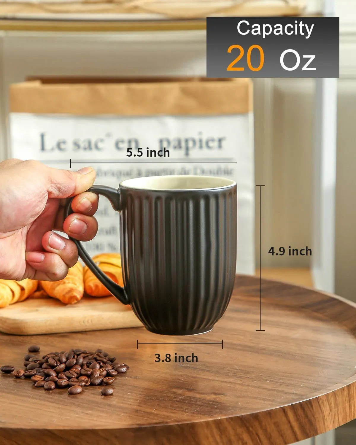 Hasense Ceramic Coffee Mug, 20 Oz Large Coffee Mug with Handle, Porcelain Latte Cup for Coffee, Tea and Cocoa, Modern Ribbed Design, Microwave & Dishwasher Safe, Black