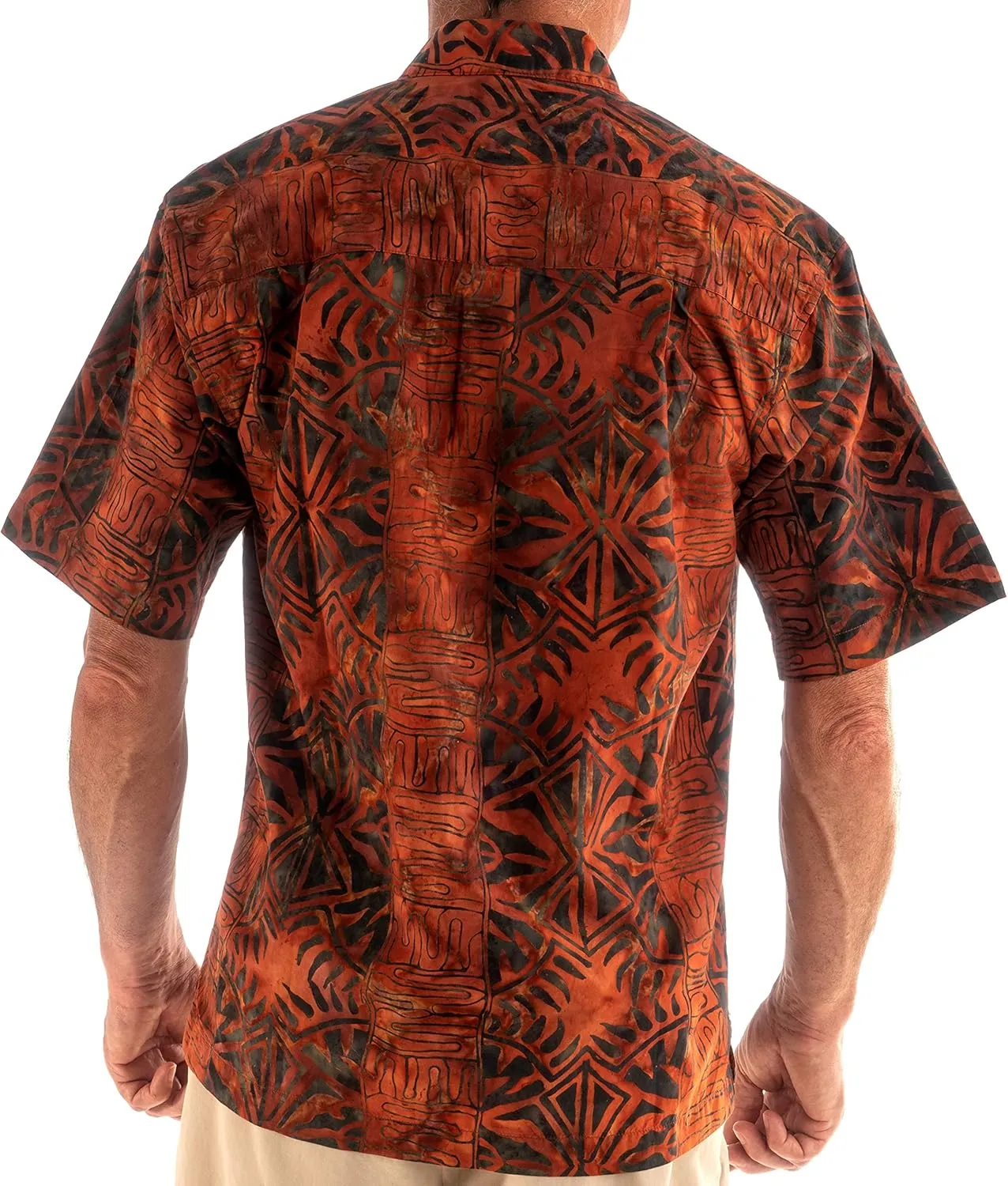 Hawaiian Short Sleeve Cotton Button-Down Batik Shirt for Men (Geometric Forest)
