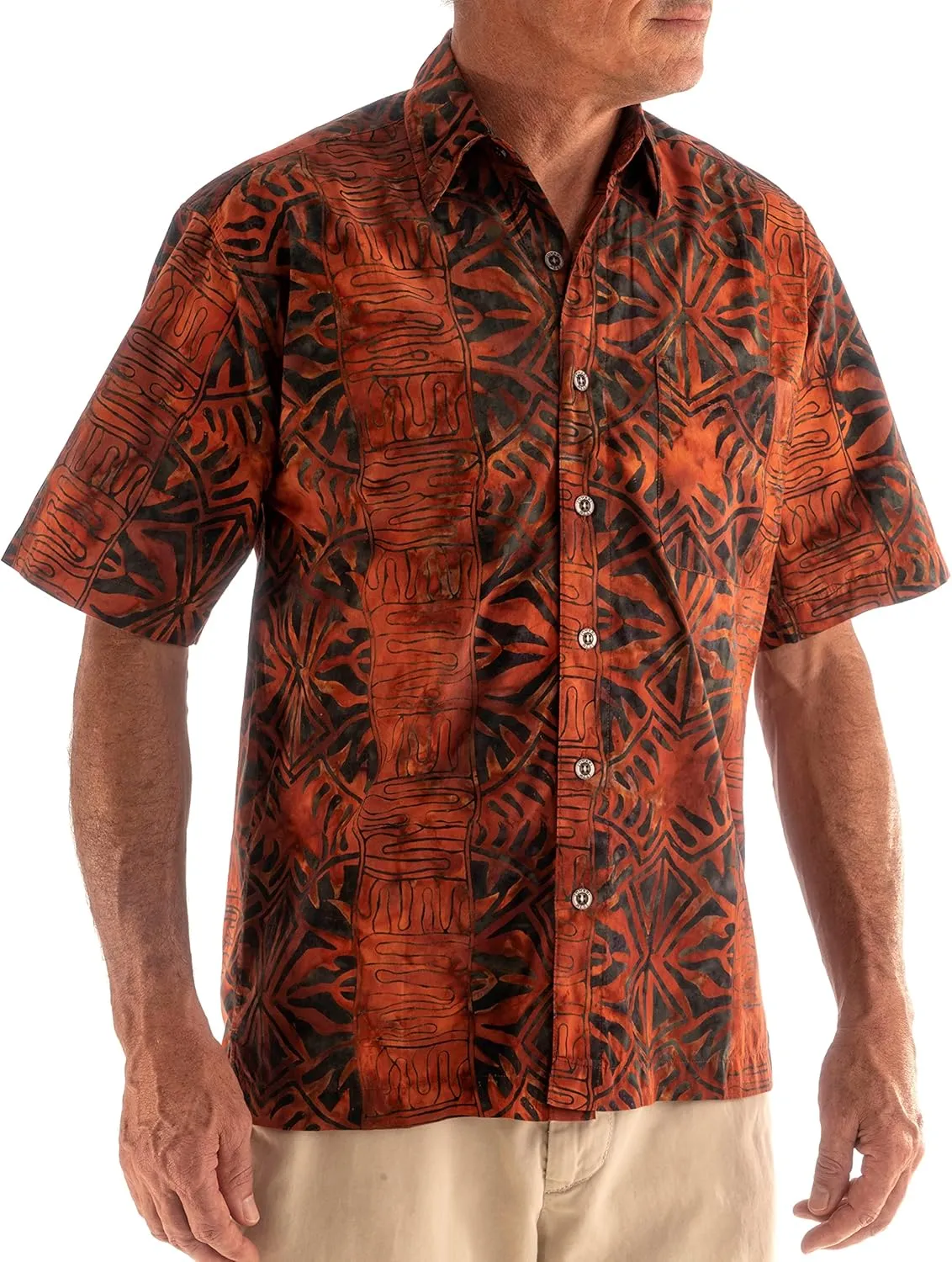 Hawaiian Short Sleeve Cotton Button-Down Batik Shirt for Men (Geometric Forest)