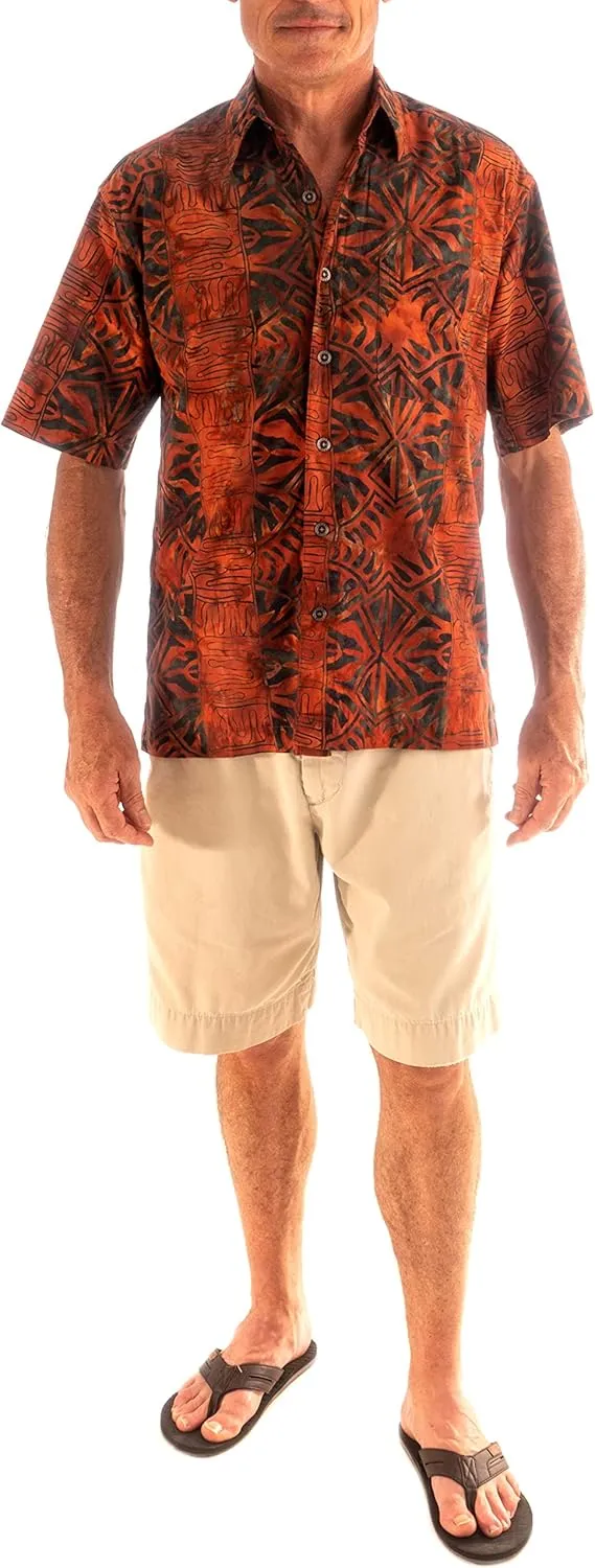 Hawaiian Short Sleeve Cotton Button-Down Batik Shirt for Men (Geometric Forest)