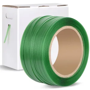 Heavy Duty Packaging Strapping Banding Roll - Green Polyester PET Industrial-Grade, 1000' x 5/8" x 0.035" Pallet Strap Coil - 1400 lbs Break Strength, Rust-Resistant with Self Dispensing Box Kit