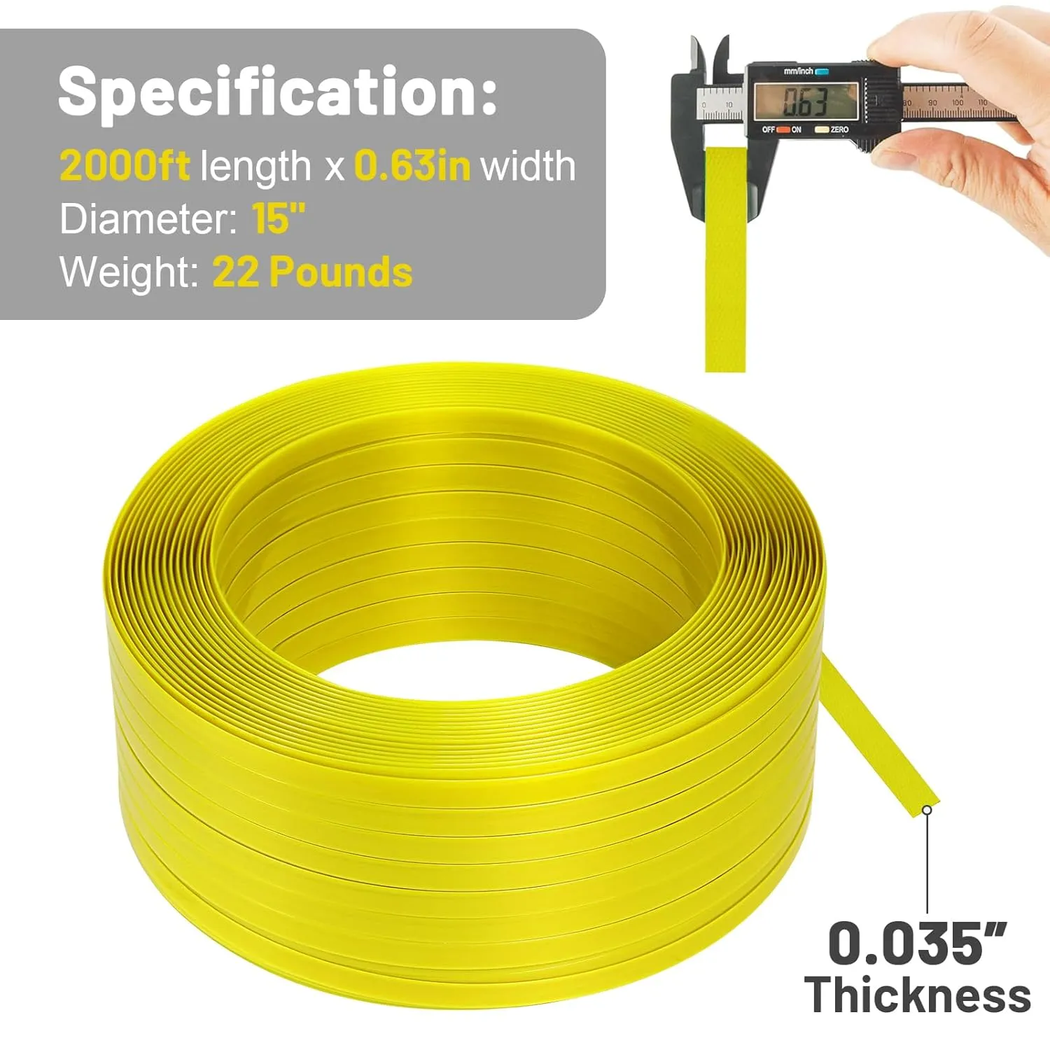 Heavy Duty Packaging Strapping Banding Roll - Polyester PET Industrial-Grade, 2000' x 5/8" x 0.035" Pallet Strap Coil - 1400 lbs Break Strength, Rust-Resistant (Yellow)