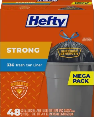 Hefty Strong Extra Large Trash Bags, Black, 33 Gallon, 48 Count