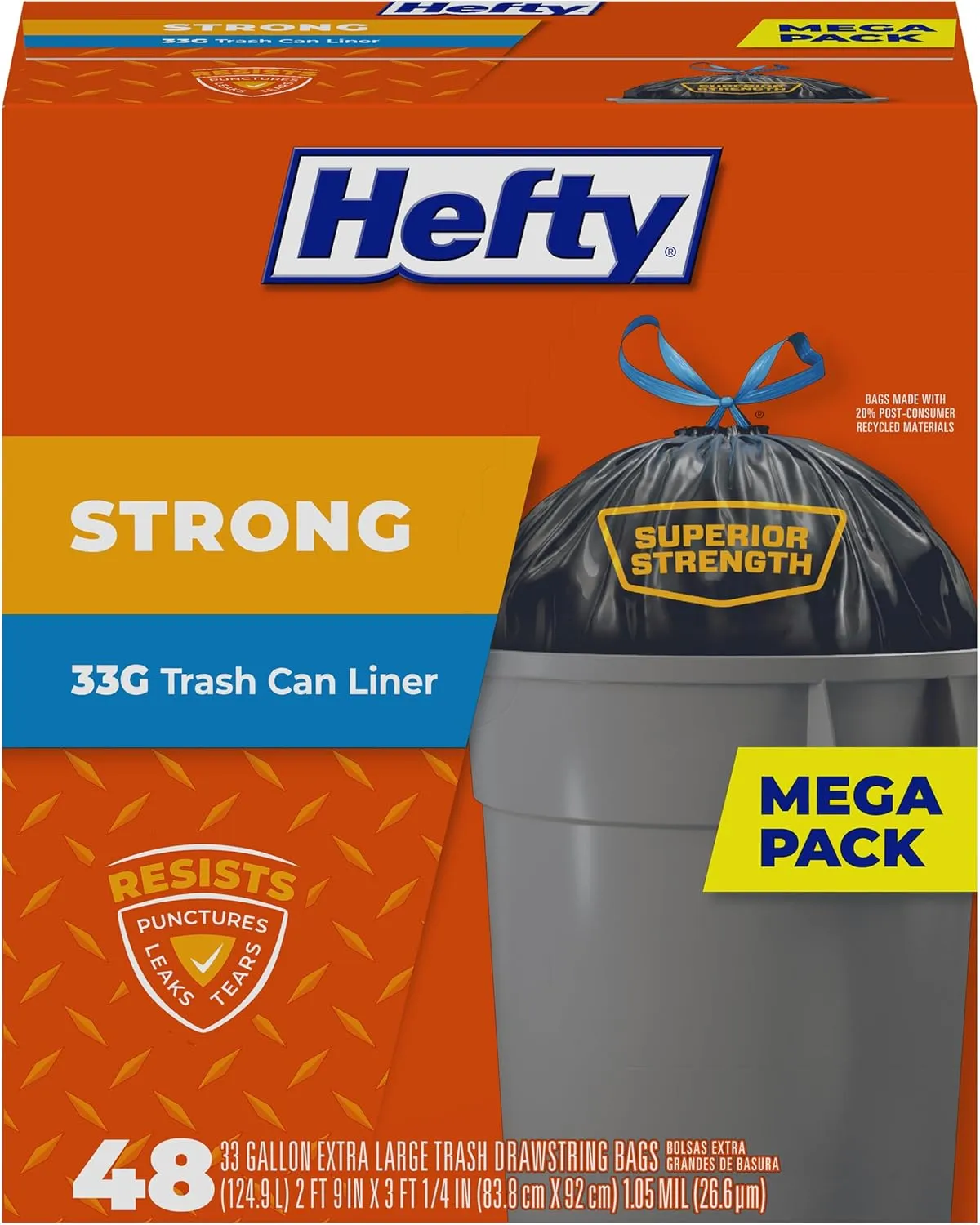 Hefty Strong Extra Large Trash Bags, Black, 33 Gallon, 48 Count