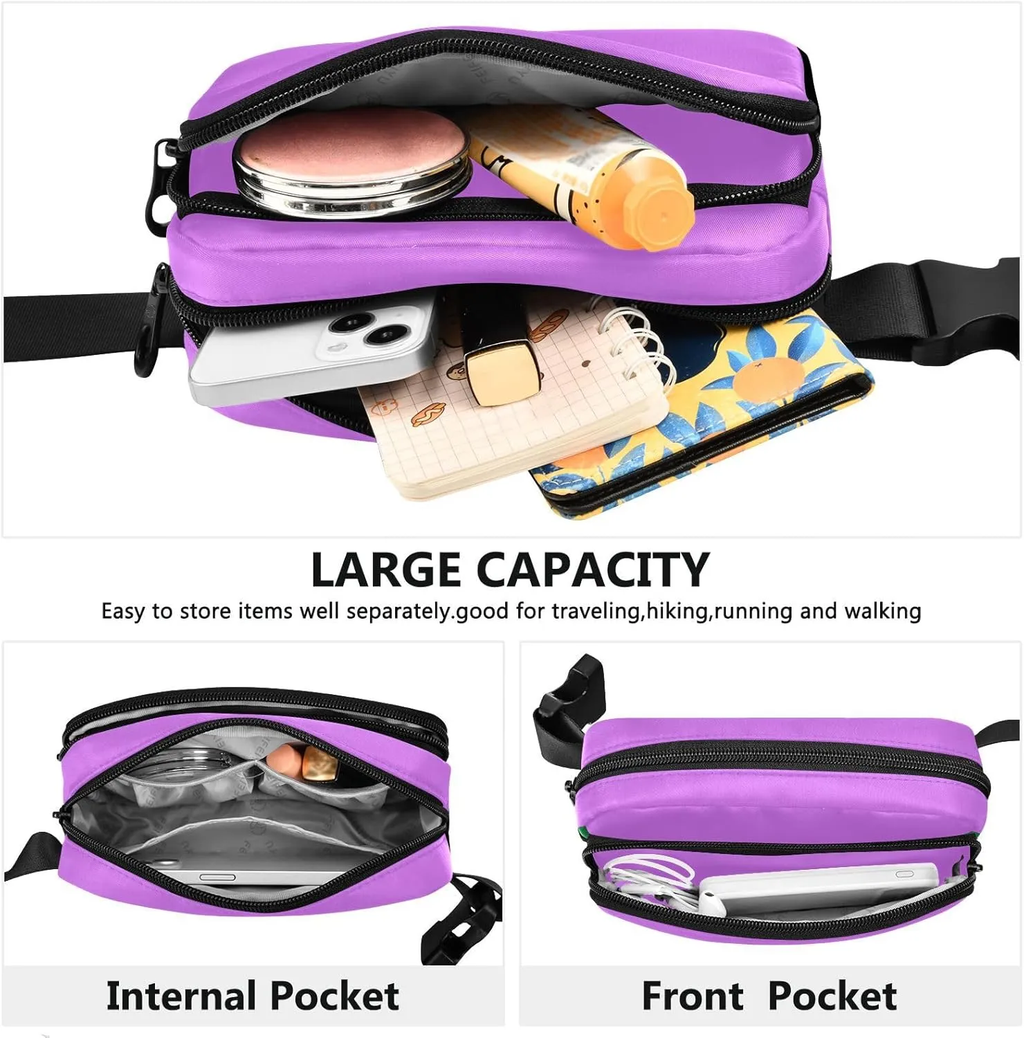 Heliotrope Front Crossbody Bags for Women Hip Bum Bag for Travel Shopping Hiking Cycling Running, 8 x 5.3 x 2.3 Inches