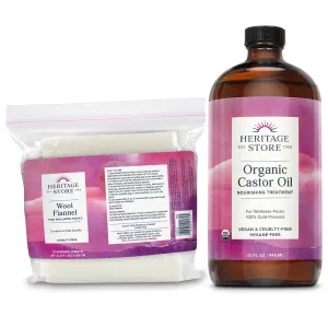 HERITAGE STORE Organic Castor Oil Pack Wrap Kit - Soothing Packs, Heat Compress for Abdomen, Joints - 32oz Organic Oil and 12 x 27 in. Wool Flannel Cloth