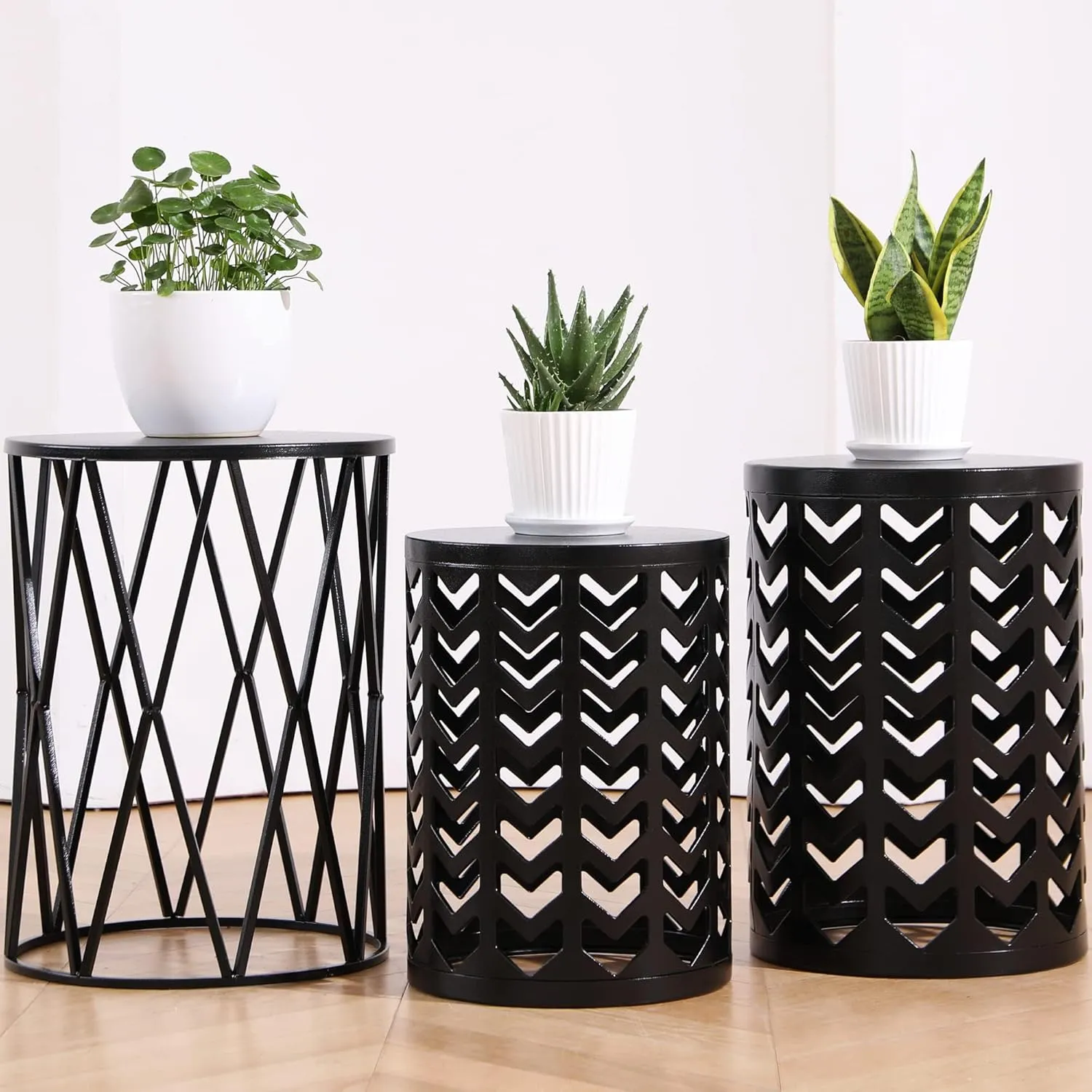 HFHOME Round Metal Coffee End Tables, Set of 3 Modern Furniture Nightstands Decor Side Tables Plant Stand for Home Office Indoor Garden Outdoor- Black