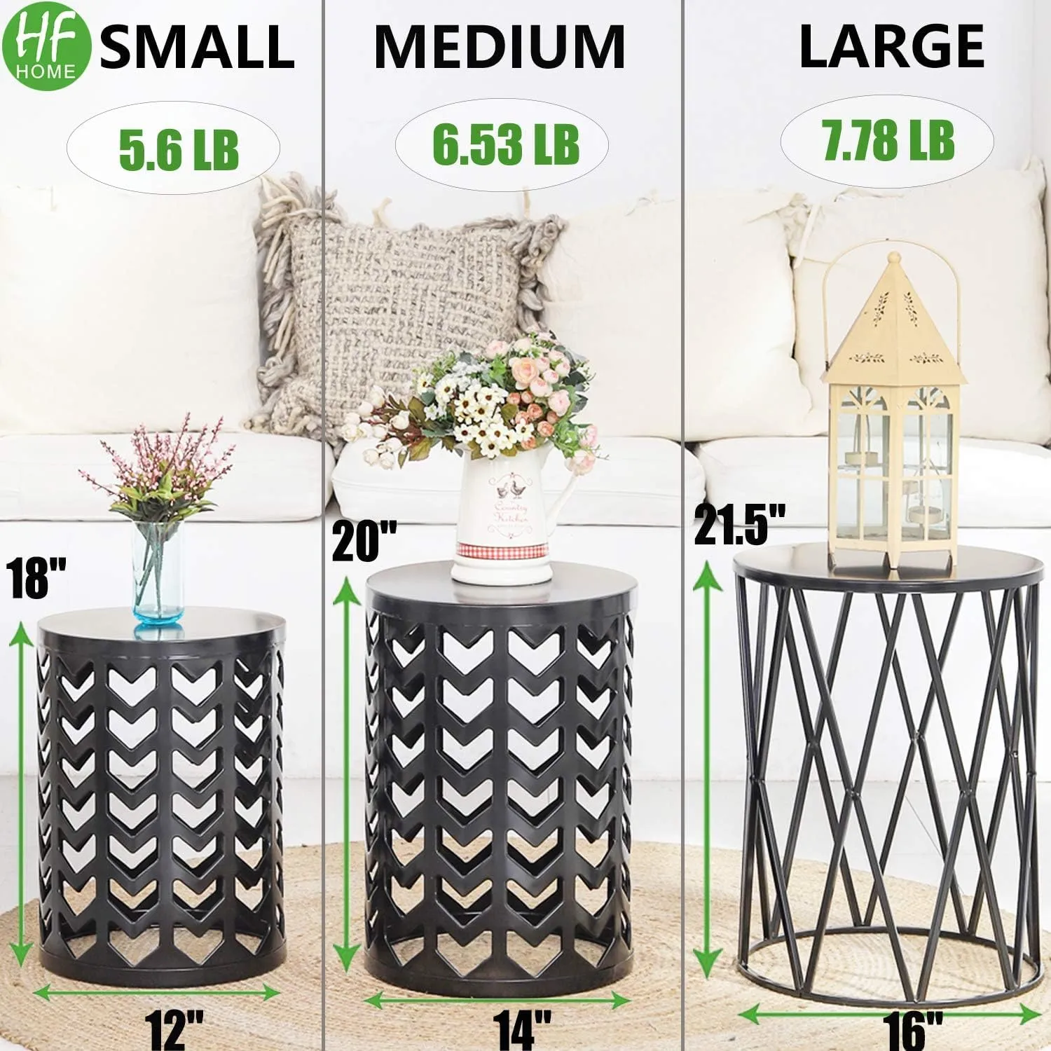 HFHOME Round Metal Coffee End Tables, Set of 3 Modern Furniture Nightstands Decor Side Tables Plant Stand for Home Office Indoor Garden Outdoor- Black