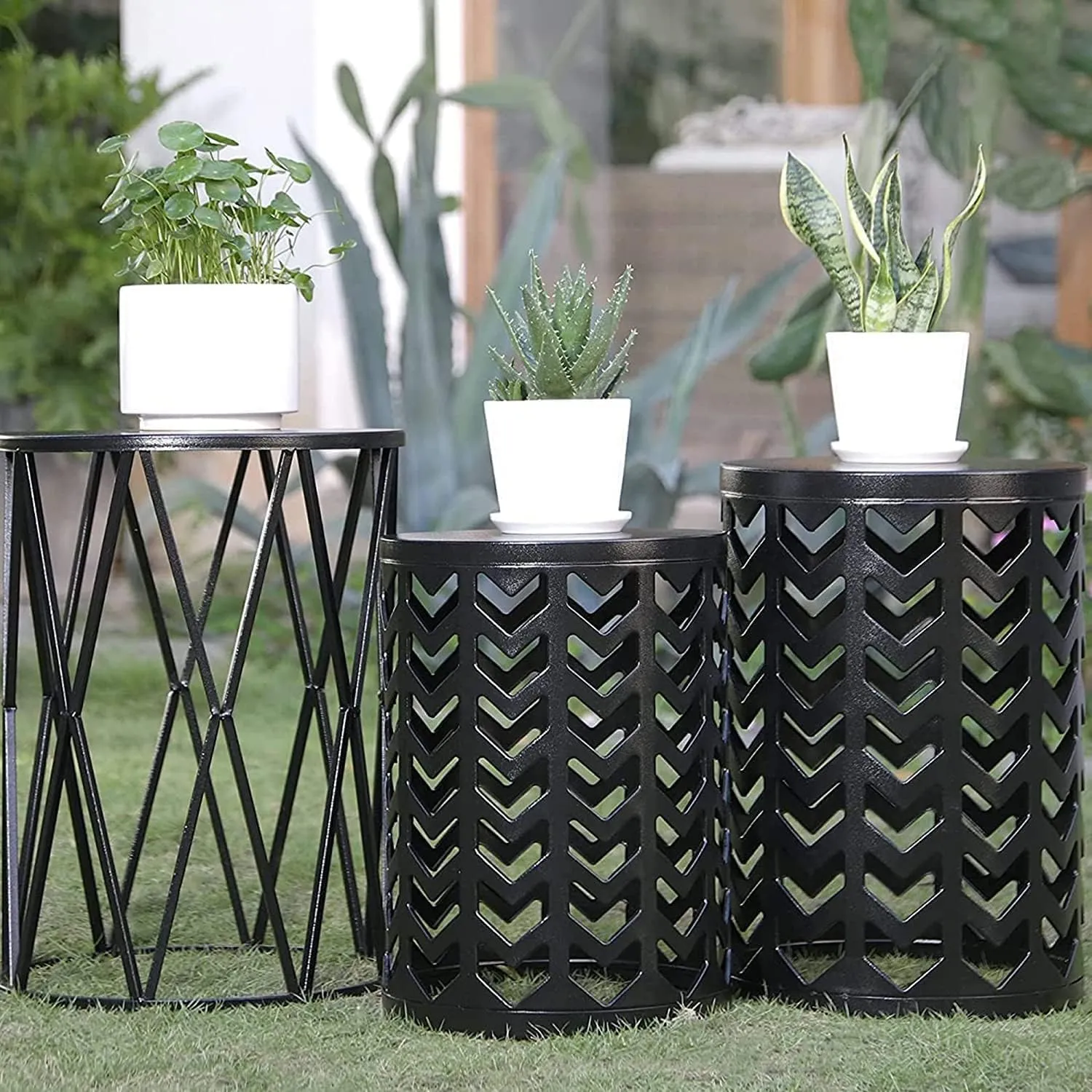 HFHOME Round Metal Coffee End Tables, Set of 3 Modern Furniture Nightstands Decor Side Tables Plant Stand for Home Office Indoor Garden Outdoor- Black