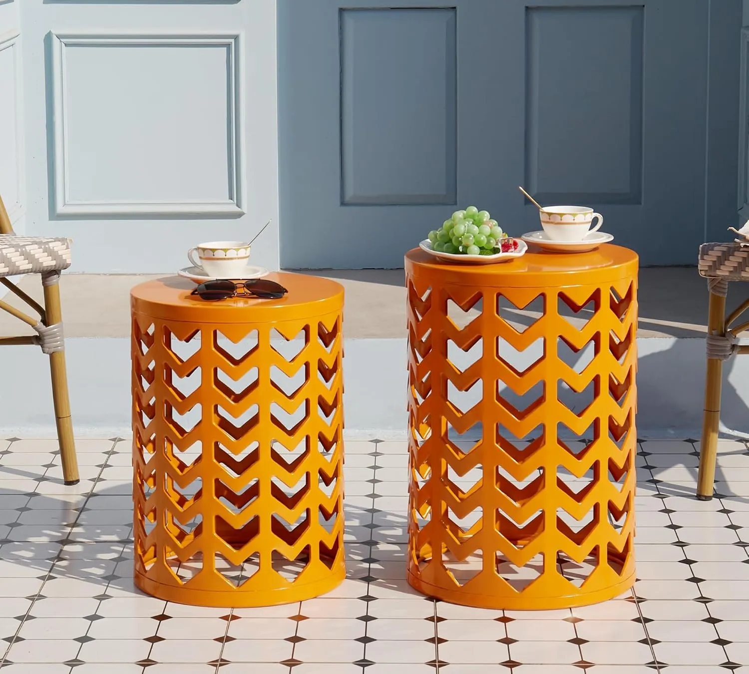 HFHOME Set of 3 Metal Side End Tables Nightstand, Nesting Round Coffee Table for Indoor Outdoor, Heavy Duty Metal Plant Stand Living Room Garden Stool - Orange