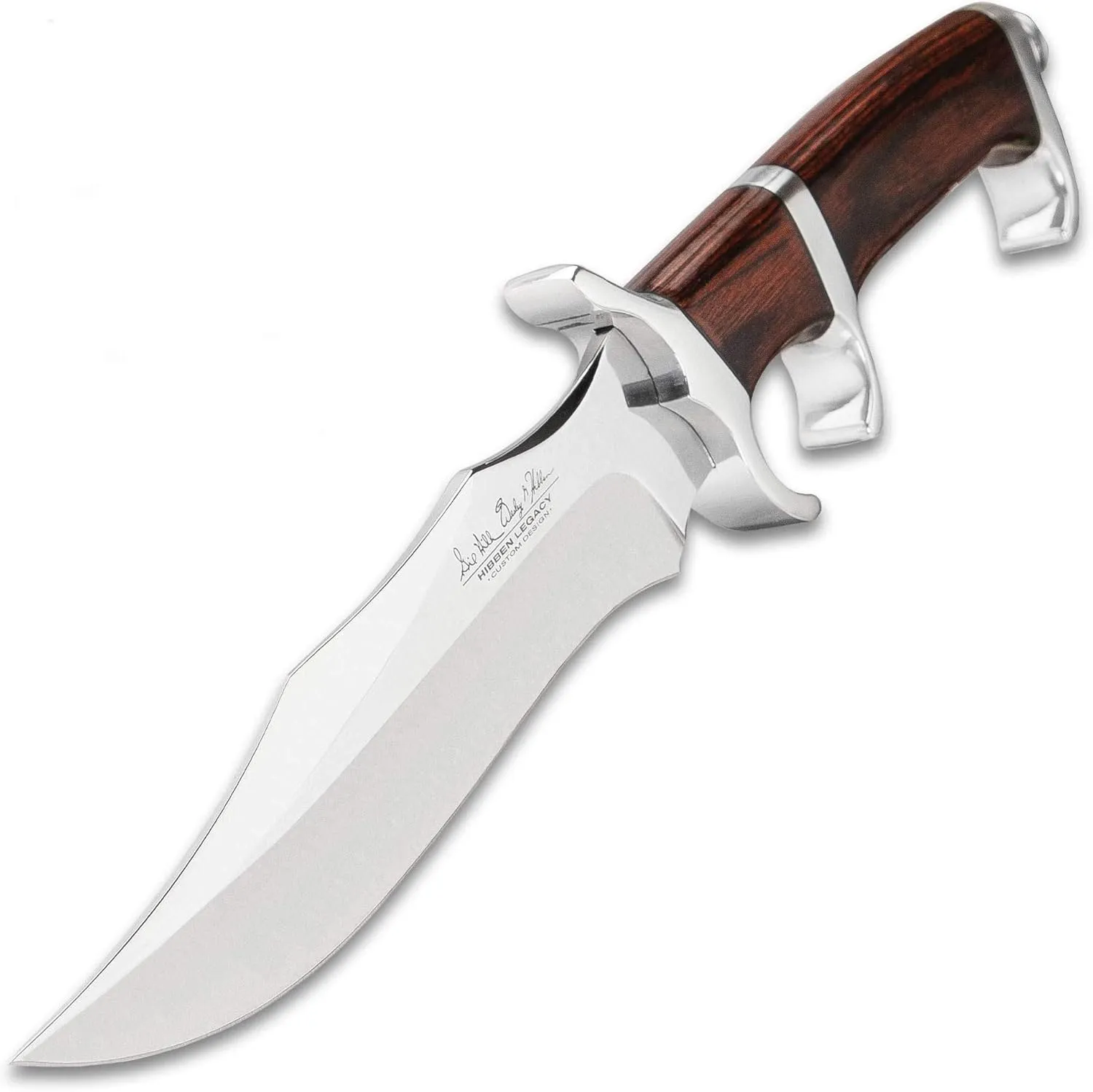 Hibben Darkwood Legacy III Fighter Knife with Mirror Polished Stainless Steel Blade, Brown Hardwood Handle with Mirror Polished Hand Guard, Black Leather Sheath with Belt Loop and Embossed Hibben Logo