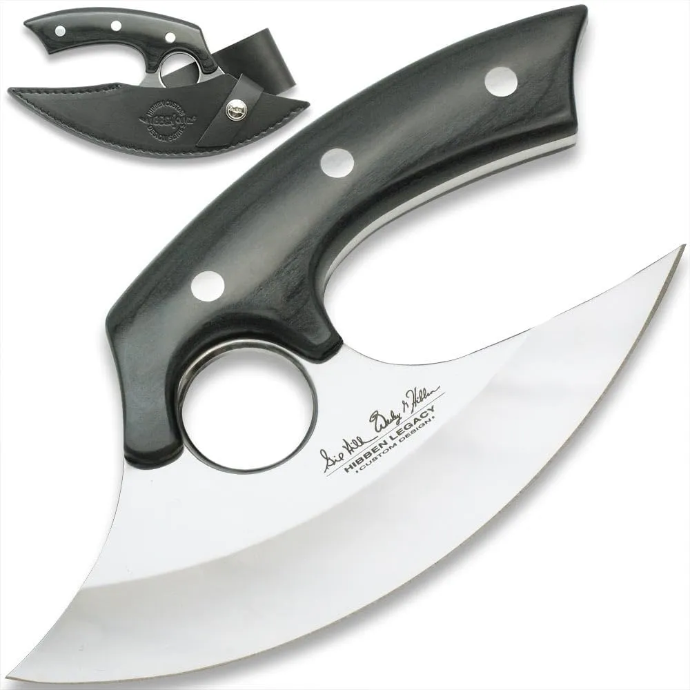 Hibben Legacy Ulu Knife And Leather Sheath | 5cr15 Stainless Steel Blade | Pakkawood Handle Scales | Stainless Steel Pins | Black Leather Belt Sheath Included | 7 5/8" Overall Length
