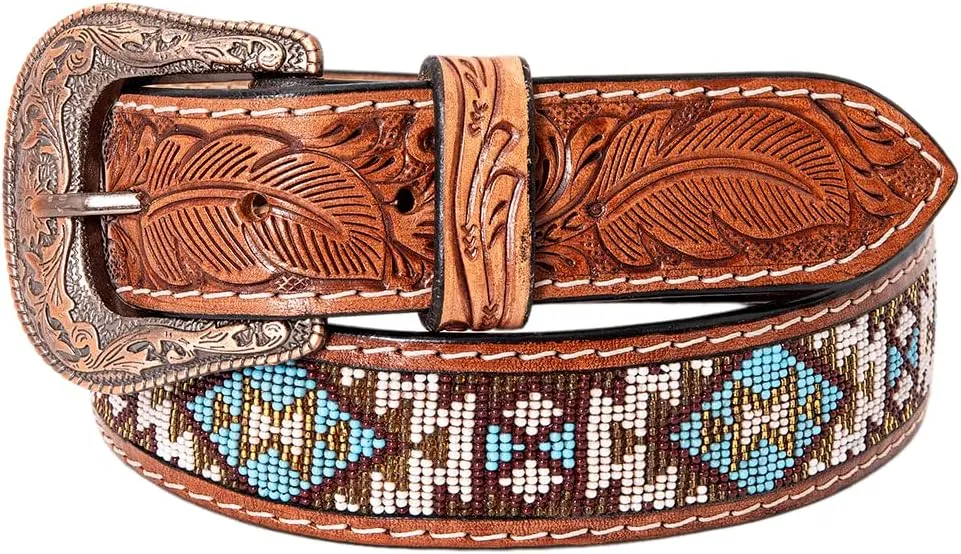 HILASON Western Genuine Leather Belt for Men Women Cowboy Cowgirl Handmade Unisex Full Grain Heavy Duty Tooled Beaded Belt