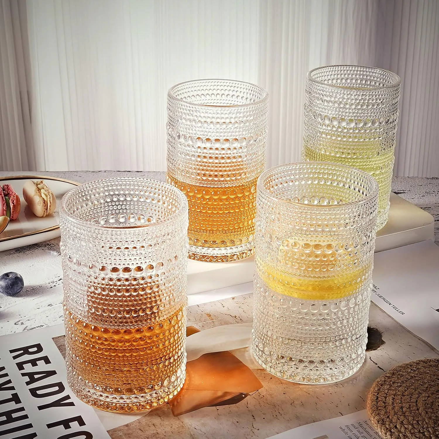 hobnail drinking glasses Highball Glasses Set of 4 12oZ Embossed Vintage Drinking Water Cocktail Whiskey Beverages Juice Milk Soda Gift for Men Women