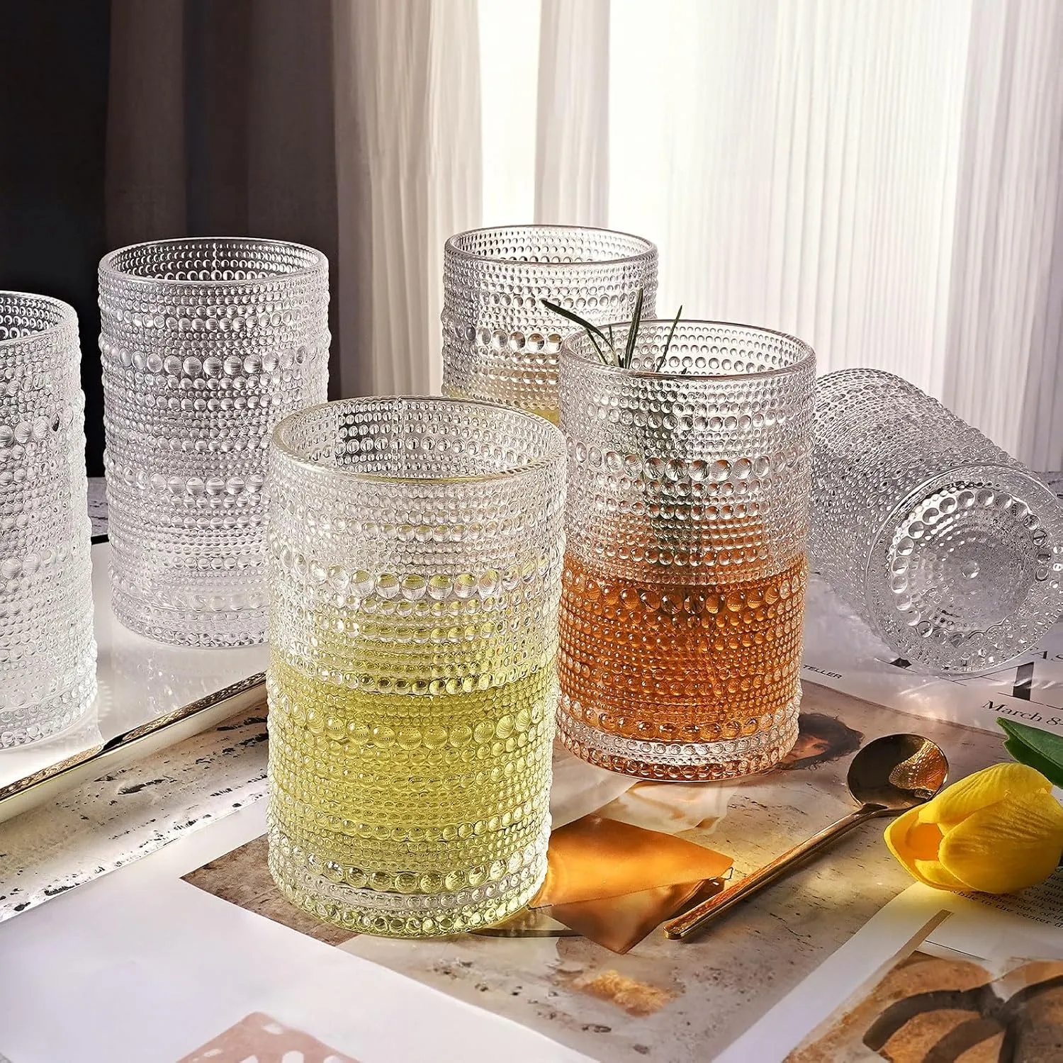 hobnail drinking glasses Highball Glasses Set of 4 12oZ Embossed Vintage Drinking Water Cocktail Whiskey Beverages Juice Milk Soda Gift for Men Women