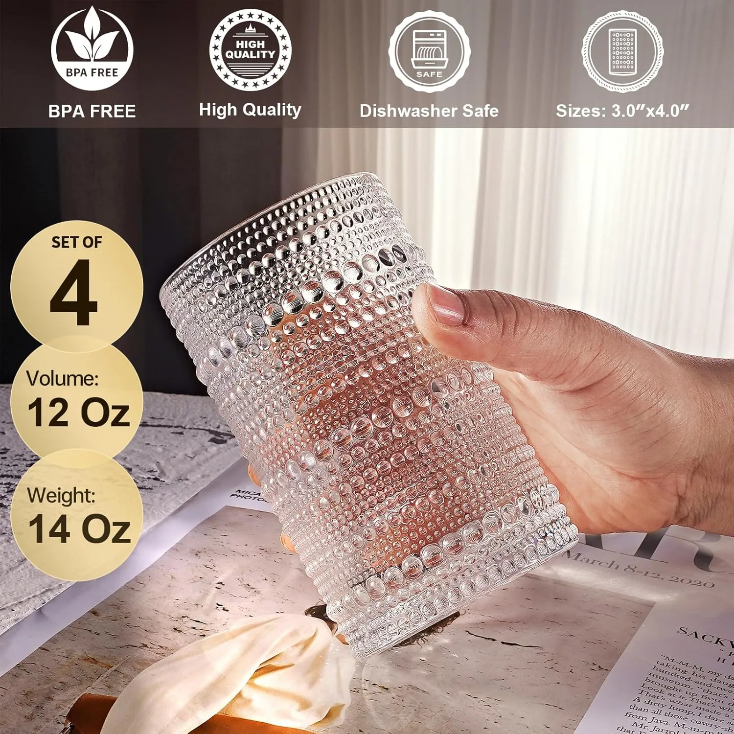 hobnail drinking glasses Highball Glasses Set of 4 12oZ Embossed Vintage Drinking Water Cocktail Whiskey Beverages Juice Milk Soda Gift for Men Women