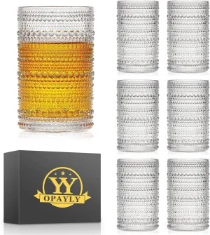 hobnail drinking glasses Highball Glasses Set of 6 12oZ Embossed Vintage Drinking Water Cocktail Whiskey Beverages Juice Milk Soda Gift for Men Women-Fathers Day Gift