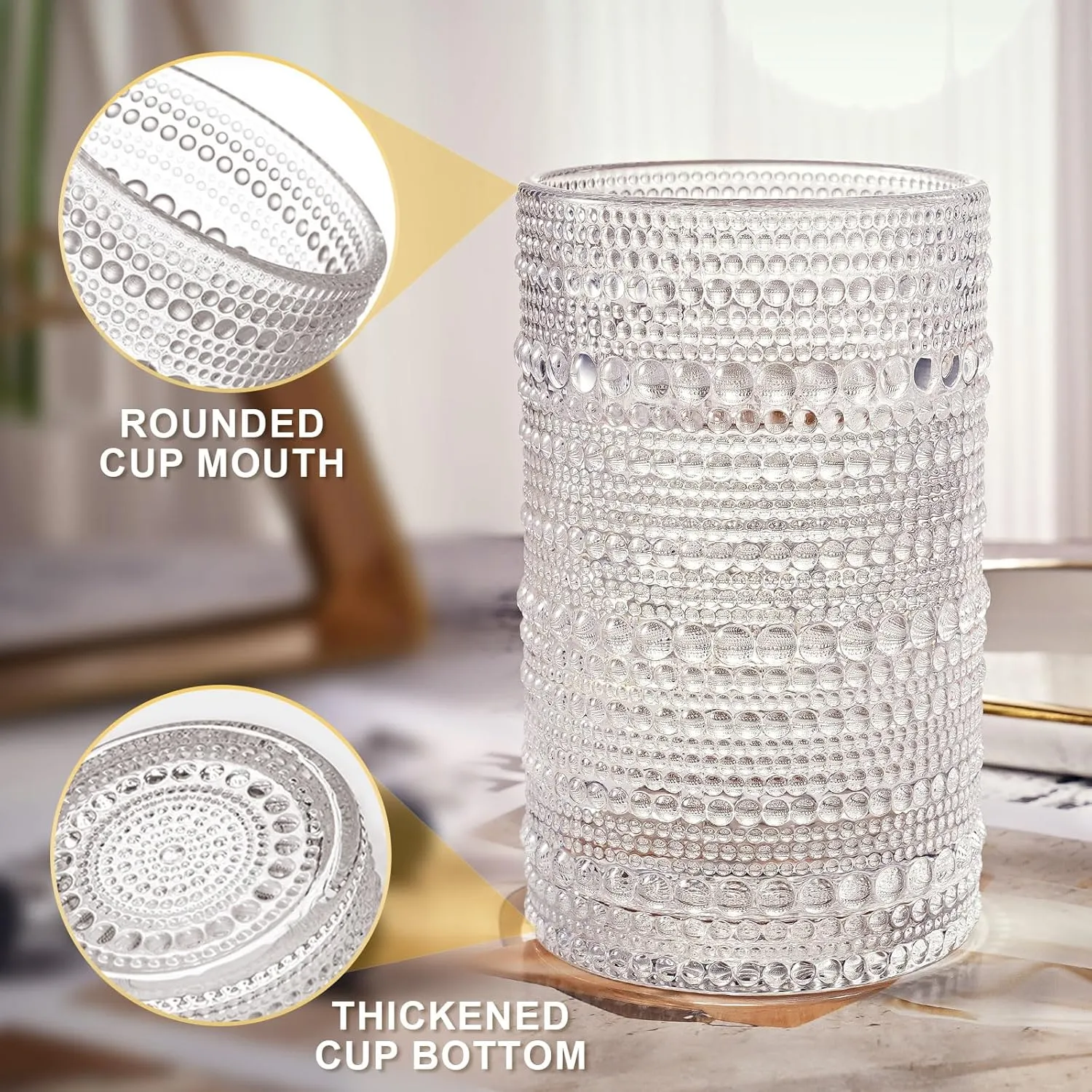 hobnail drinking glasses Highball Glasses Set of 6 12oZ Embossed Vintage Drinking Water Cocktail Whiskey Beverages Juice Milk Soda Gift for Men Women-Fathers Day Gift