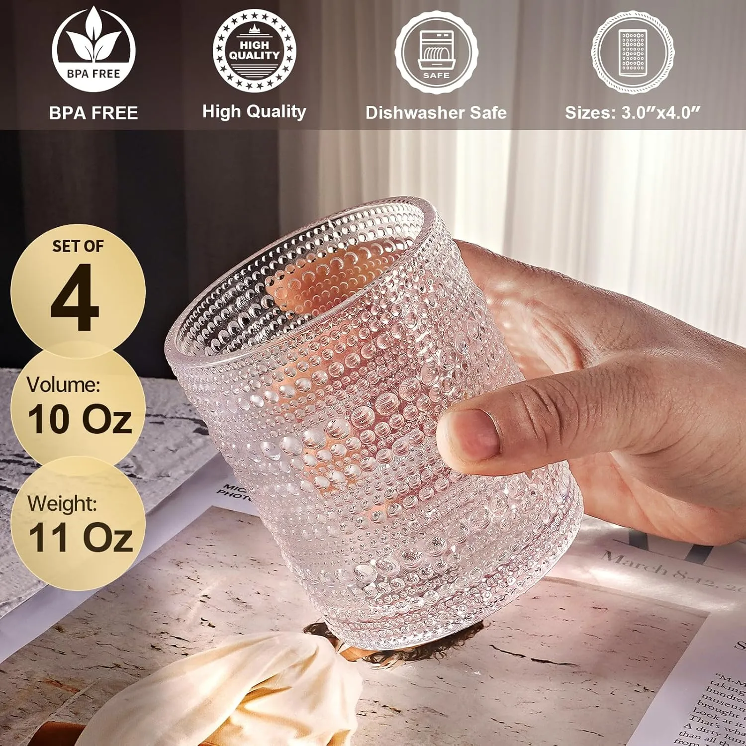 hobnail Drinking Glasses Old Fashion Glass 10oZ rocks glasses Set of 4 glasses Water Juice Cocktail Vintage Glassware Set Gift for Men Women