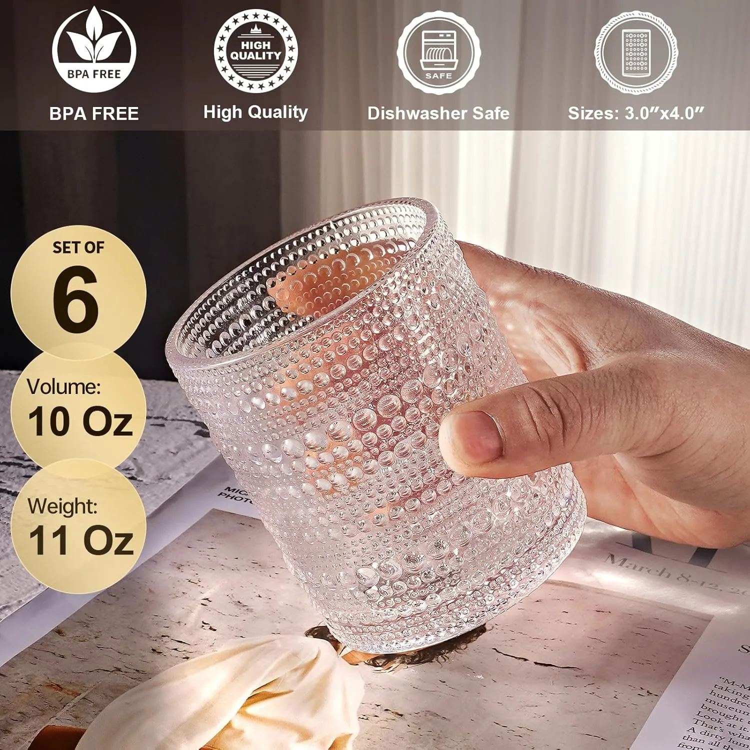 hobnail Drinking Glasses Old Fashion Glass 10oZ rocks glasses Set of 6 glasses Water Juice Cocktail Vintage Glassware Set Gift for Men Women