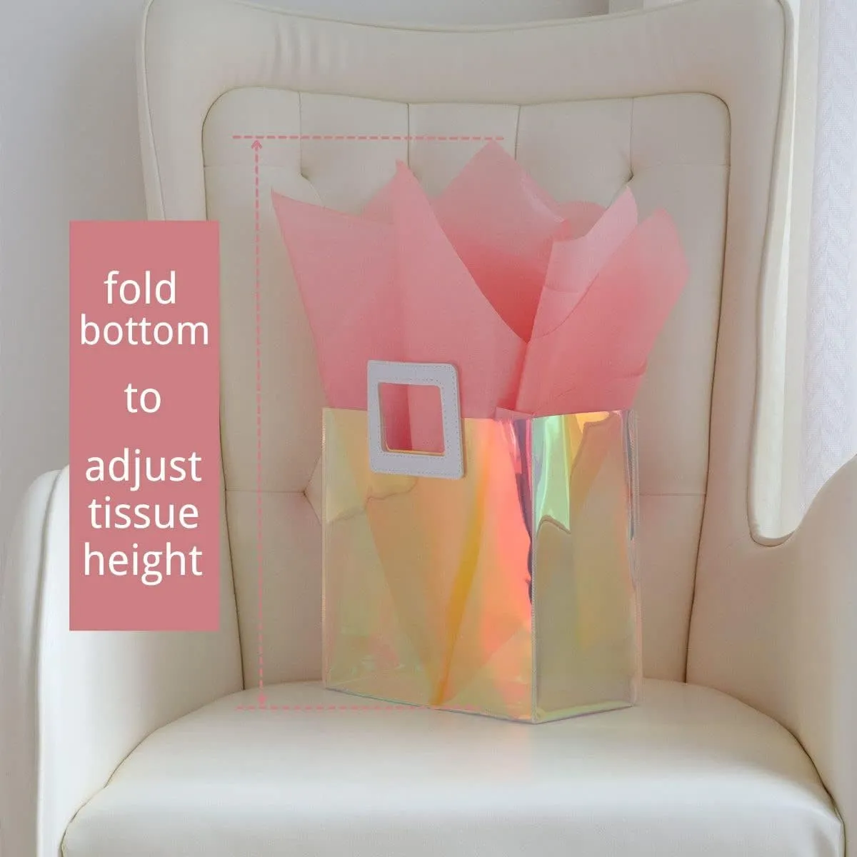 Holographic Gift Bag with Tissue Paper - Reusable Birthday Tote for Women, Girls - Iridescent Bachelorette, Wedding, Bridal, Bridesmaid (Pack of 6, S - Coral)