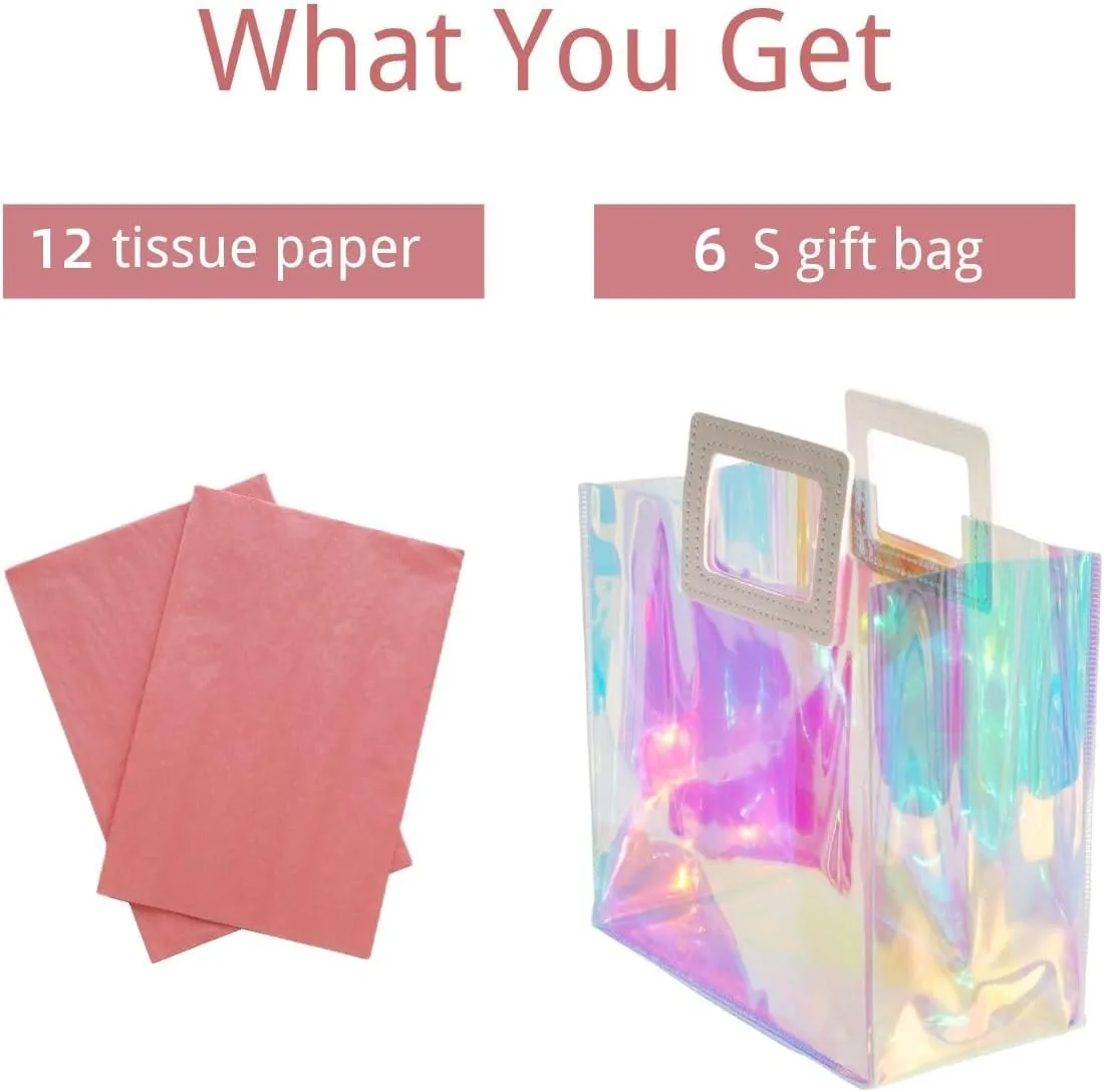 Holographic Gift Bag with Tissue Paper - Reusable Birthday Tote for Women, Girls - Iridescent Bachelorette, Wedding, Bridal, Bridesmaid (Pack of 6, S - Coral)