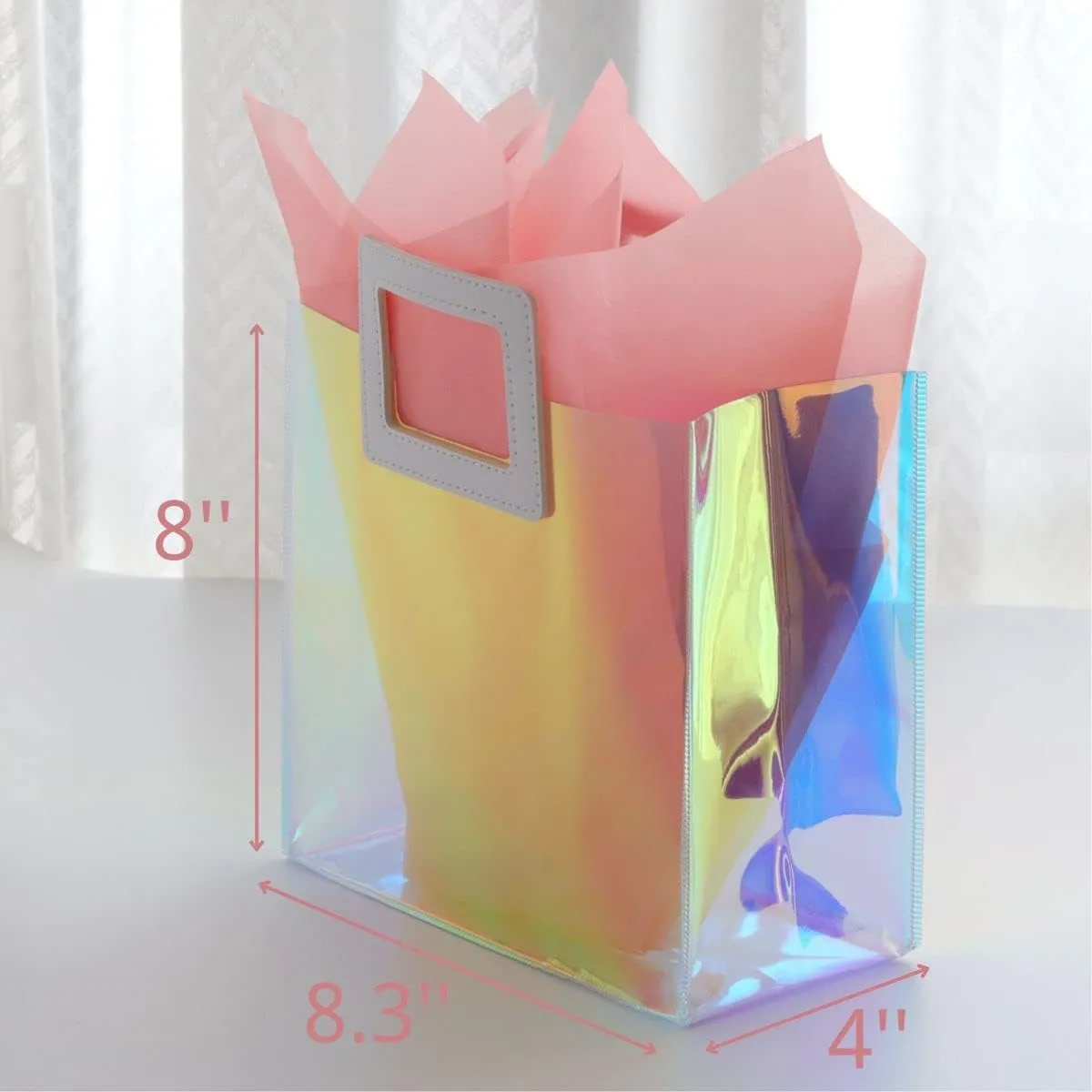 Holographic Gift Bag with Tissue Paper - Reusable Birthday Tote for Women, Girls - Iridescent Bachelorette, Wedding, Bridal, Bridesmaid (Pack of 6, S - Coral)
