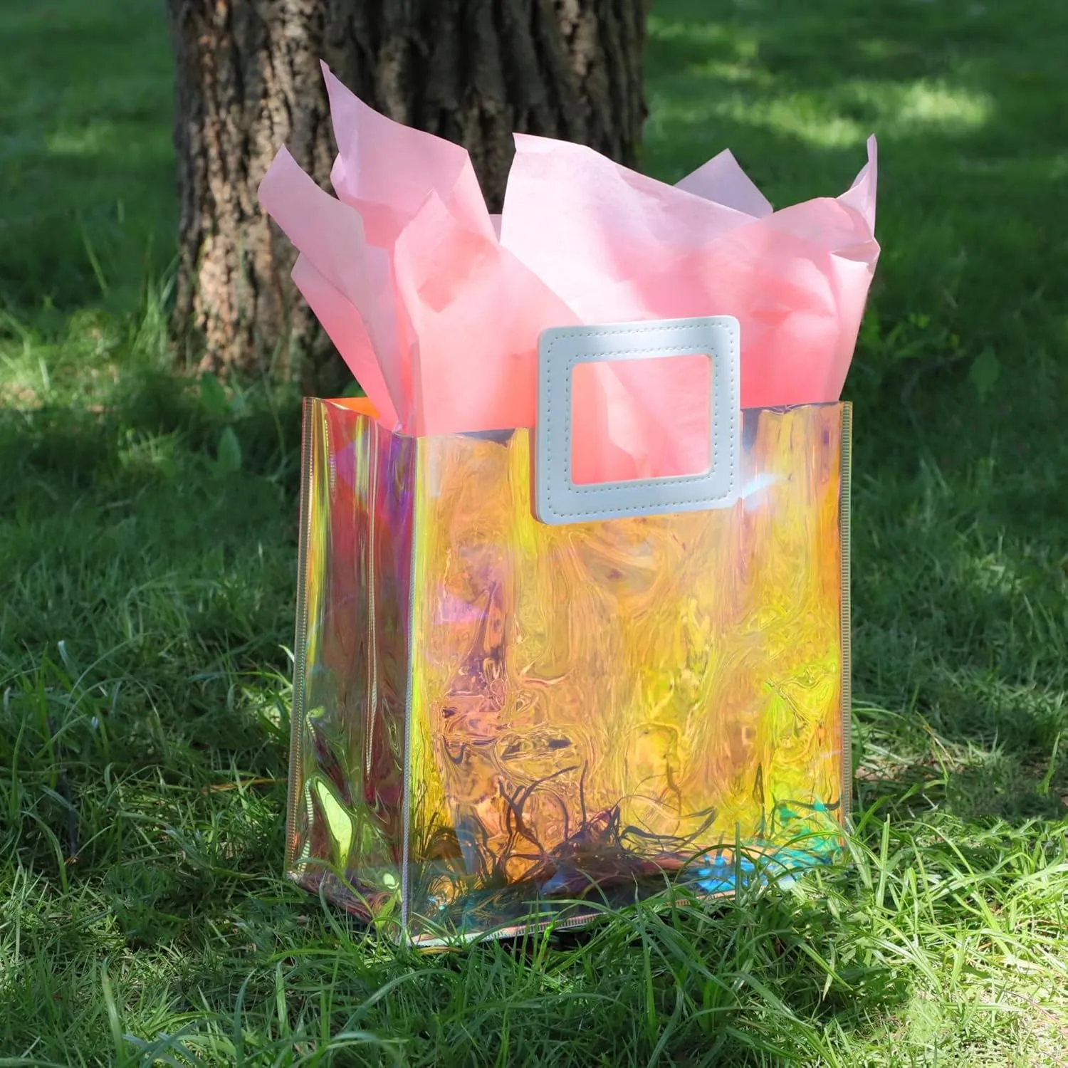 Holographic Gift Bag with Tissue Paper - Reusable Birthday Tote for Women, Girls - Iridescent Bachelorette, Wedding, Bridal, Bridesmaid (Pack of 6, S - Coral)