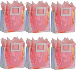 Holographic Gift Bag with Tissue Paper - Reusable Birthday Tote for Women, Girls - Iridescent Bachelorette, Wedding, Bridal, Bridesmaid (Pack of 6, S - Coral)