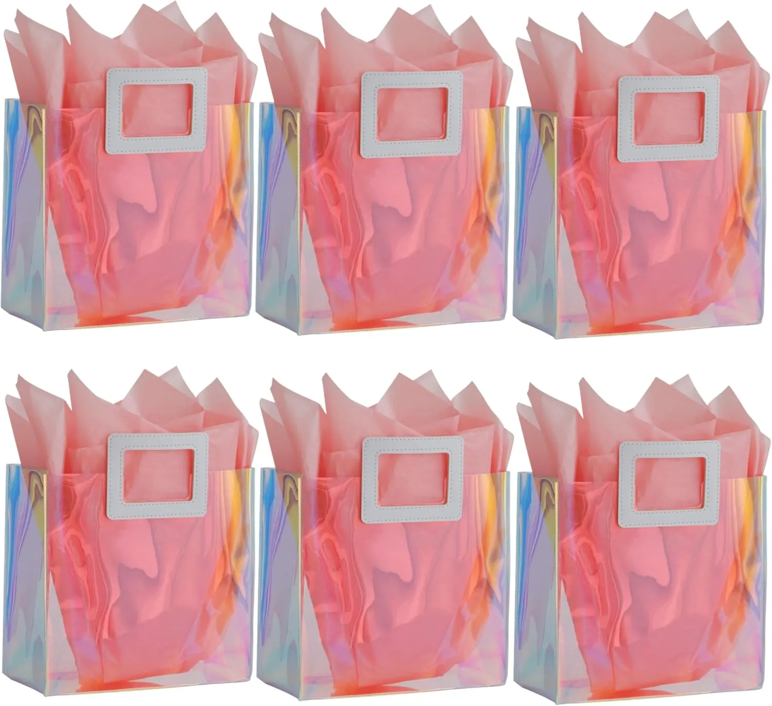 Holographic Gift Bag with Tissue Paper - Reusable Birthday Tote for Women, Girls - Iridescent Bachelorette, Wedding, Bridal, Bridesmaid (Pack of 6, S - Coral)