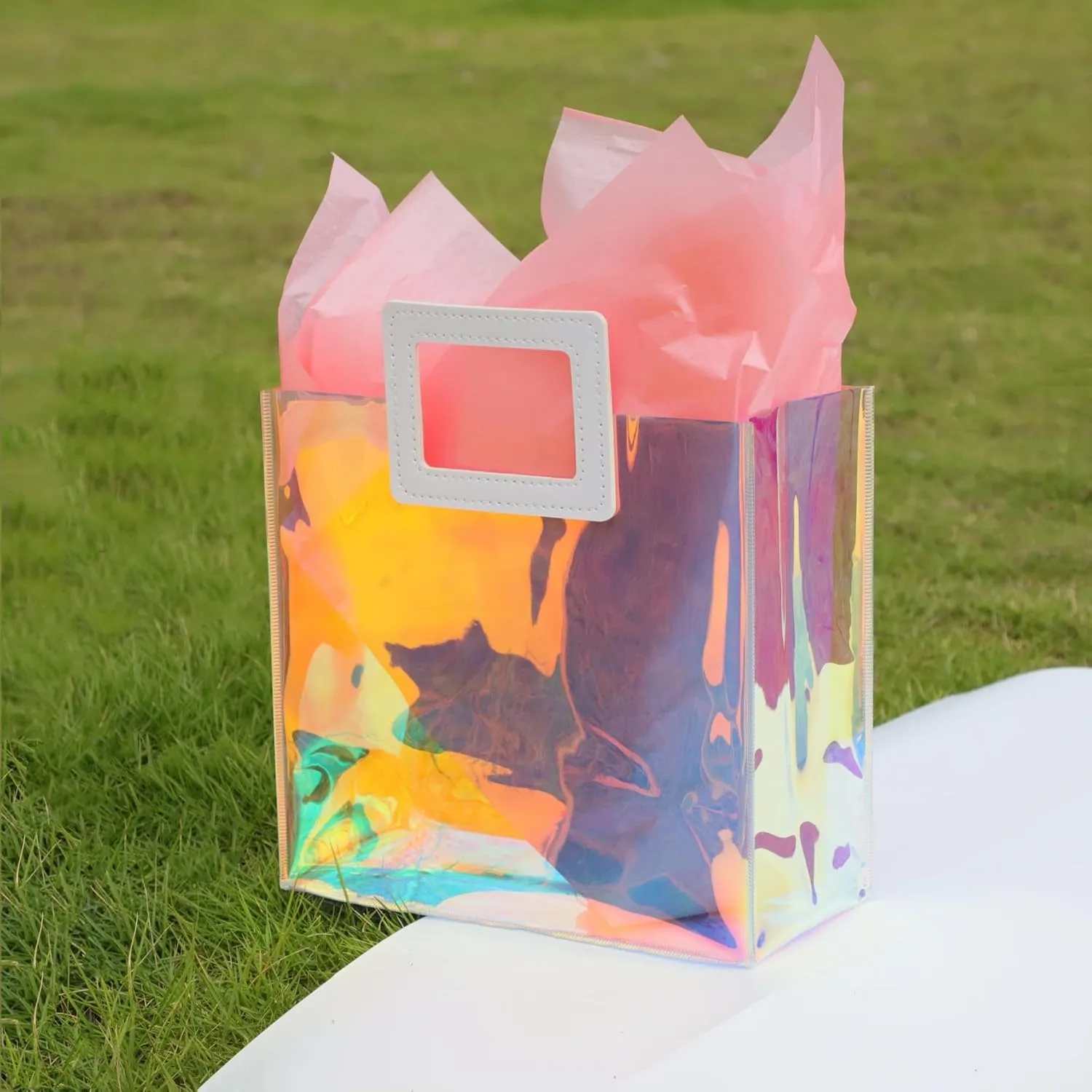 Holographic Gift Bag with Tissue Paper - Reusable Birthday Tote for Women, Girls - Iridescent Bachelorette, Wedding, Bridal, Bridesmaid (Pack of 6, S - Coral)