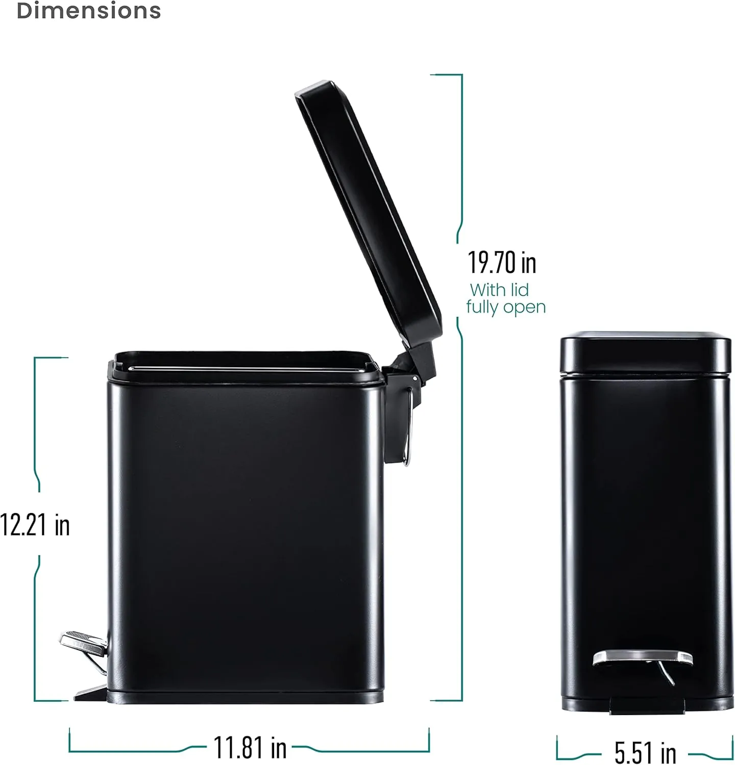 Home Zone Living 1.3 Gallon Bathroom Trash Can with a Lid, Stainless Steel Wastebasket with Slim Shape and Step Pedal for Home and Office, 5 Liter Capacity, Matte Black