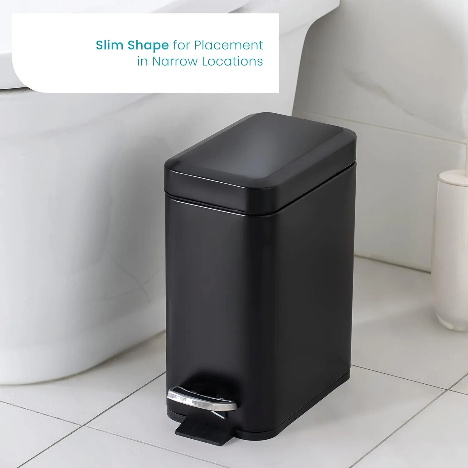 Home Zone Living 1.3 Gallon Bathroom Trash Can with a Lid, Stainless Steel Wastebasket with Slim Shape and Step Pedal for Home and Office, 5 Liter Capacity, Matte Black