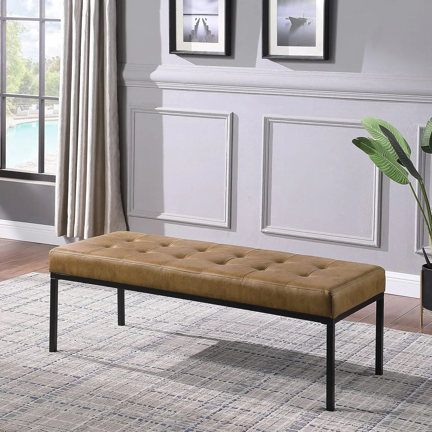 HomePop Tufted Metal Bench - Light Brown Vegan Leather