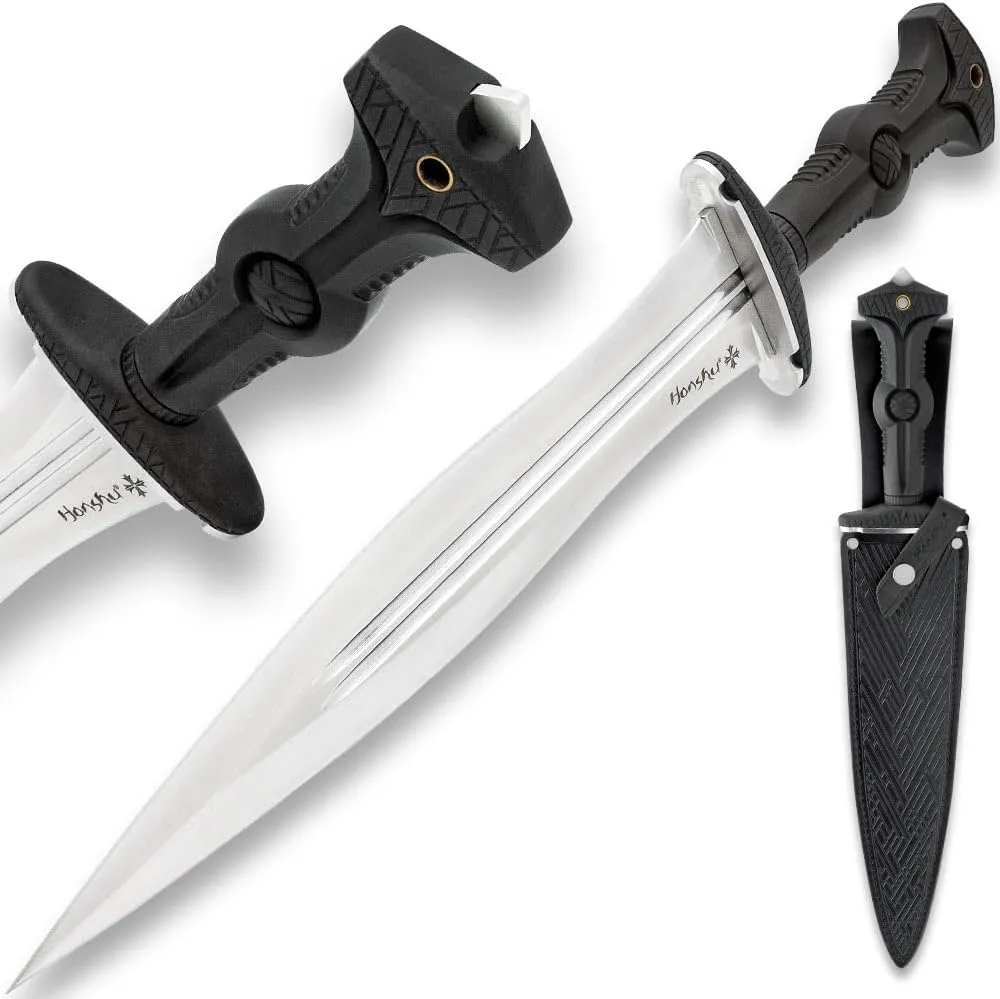 Honshu Legionary Dagger | 13 1/8" 7cr13 Stainless Steel Blade | Glass Breaker Pommel | Molded TPR Handle | Satin Finish | Includes Genuine Black Leather Sheath