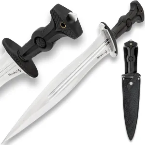 Honshu Legionary Dagger | 13 1/8" 7cr13 Stainless Steel Blade | Glass Breaker Pommel | Molded TPR Handle | Satin Finish | Includes Genuine Black Leather Sheath