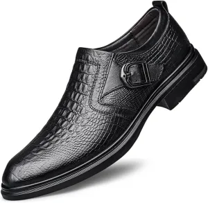 HOOENG Dress Oxford Shoes for Men Slip On Round Toe Monk Strap Crocodile Embossed Vegan Leather Low Top Non Slip Rubber Sole Working (Color : Crocodile Embossed, Size : 8)