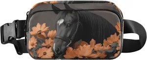 Horse with Floral Fanny Packs for Women Men, Water Resistant Waist Pack Sling Bag Purse for Travel Hiking