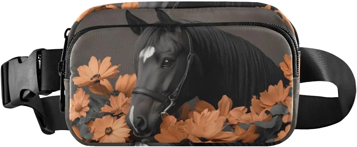 Horse with Floral Fanny Packs for Women Men, Water Resistant Waist Pack Sling Bag Purse for Travel Hiking