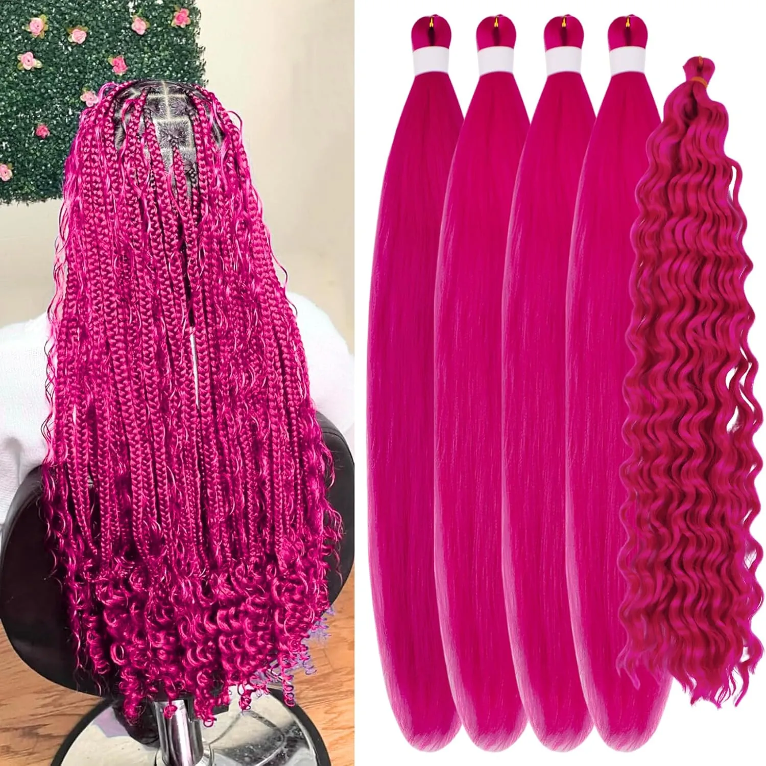 Hot Pink Braiding Hair Pre stretched Boho Braids Prestretched Braiding Hair for Bohemian Hair Ez Braid Micro Braiding Hair Synthetic Curly Deep Wave Braids