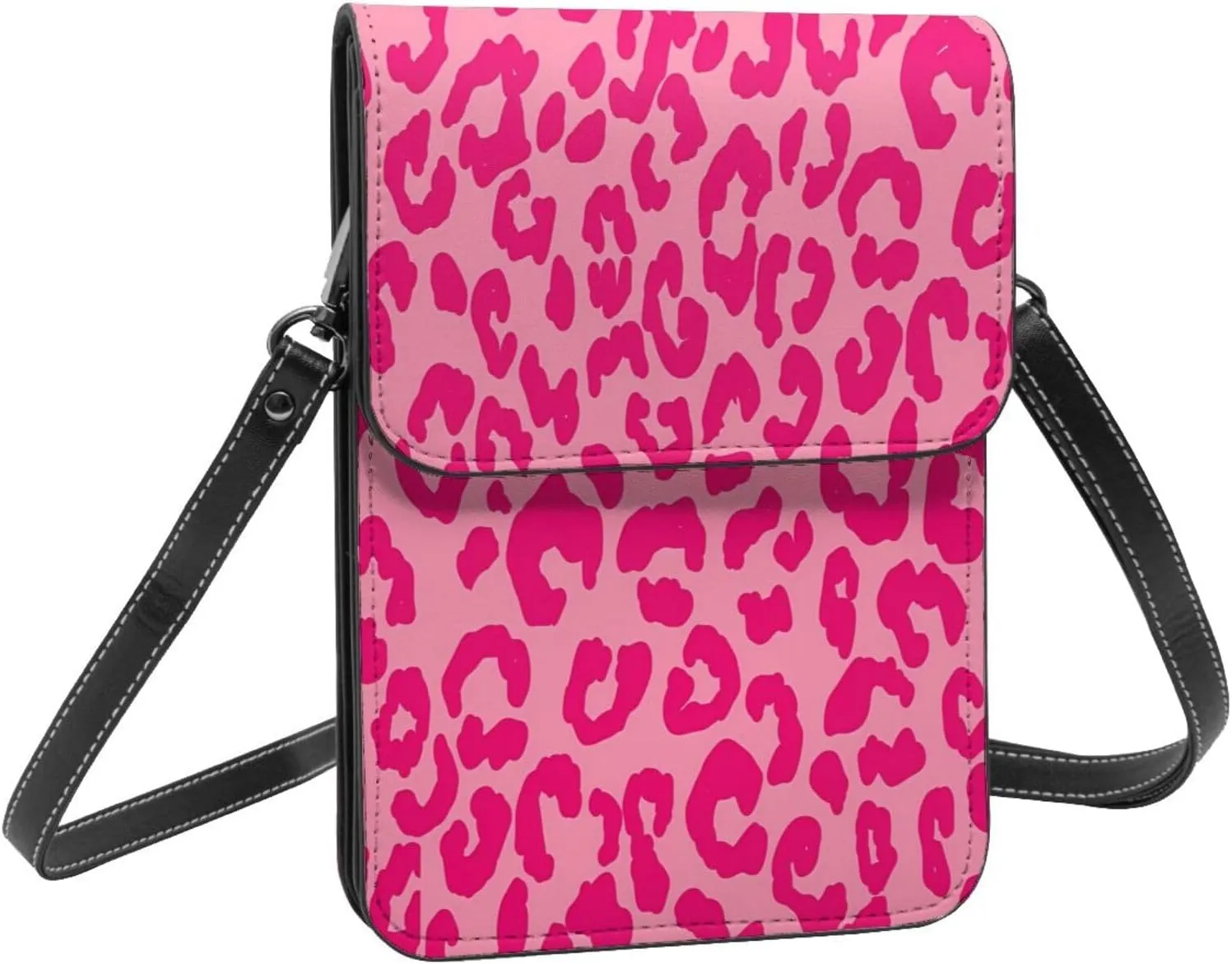 Hot Pinks Cheetah Aesthetic Leather Crossbody Phone Purse for Women Cute Wallet Bags Lightweight Mini Sling Bag