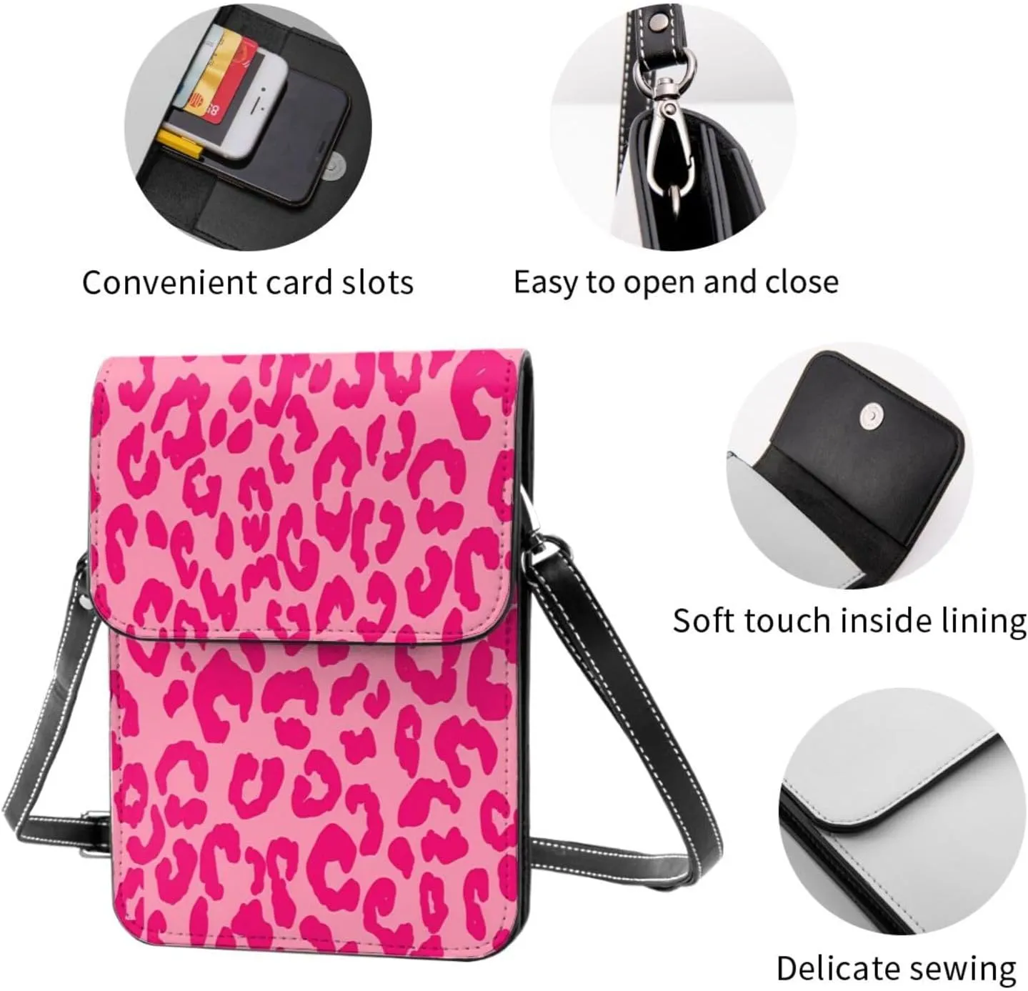 Hot Pinks Cheetah Aesthetic Leather Crossbody Phone Purse for Women Cute Wallet Bags Lightweight Mini Sling Bag